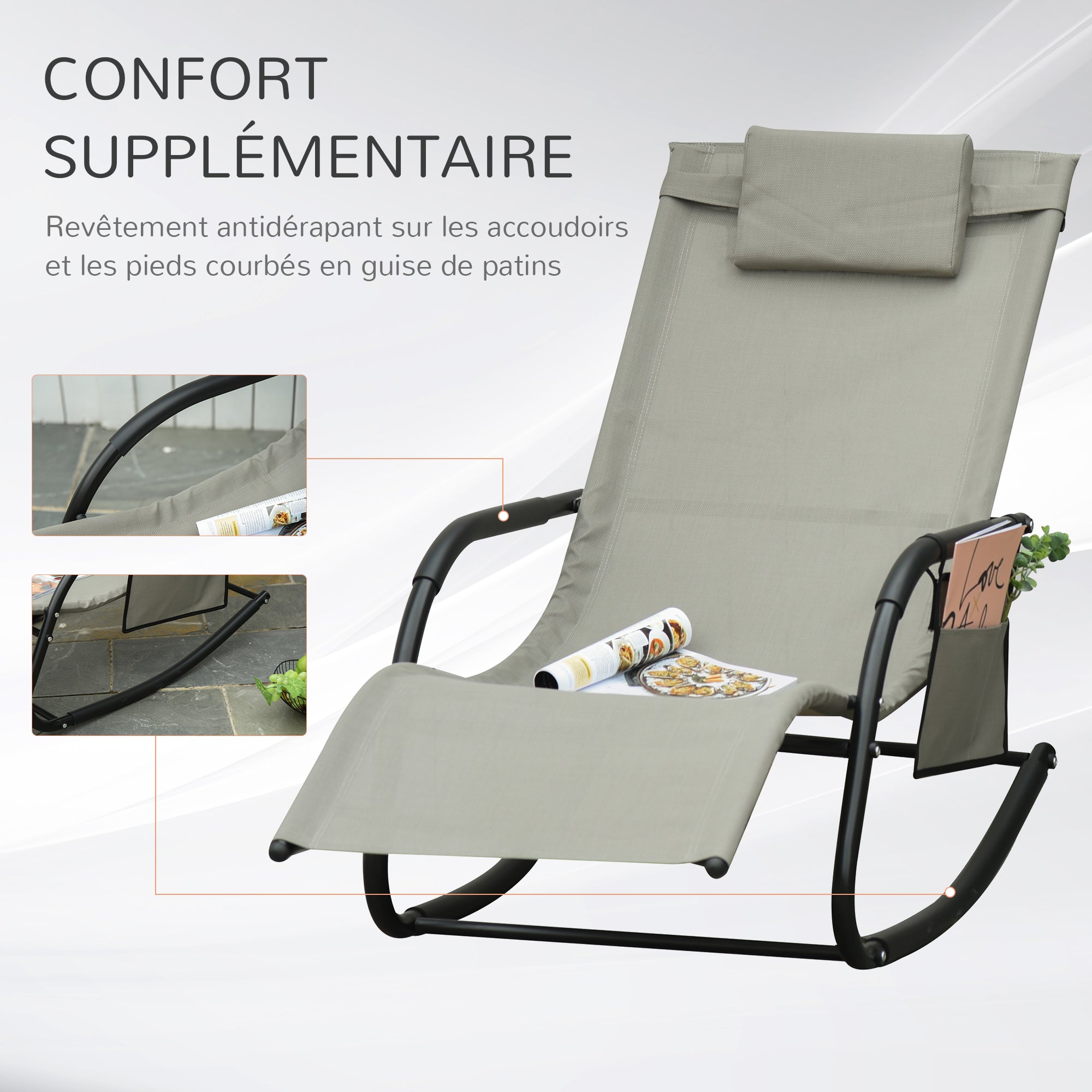 Rocking Chair Ergonomic Rocking Chair - Removable Headrest, Armrests, Storage Pocket - Light Grey Metal Epoxy Textilene