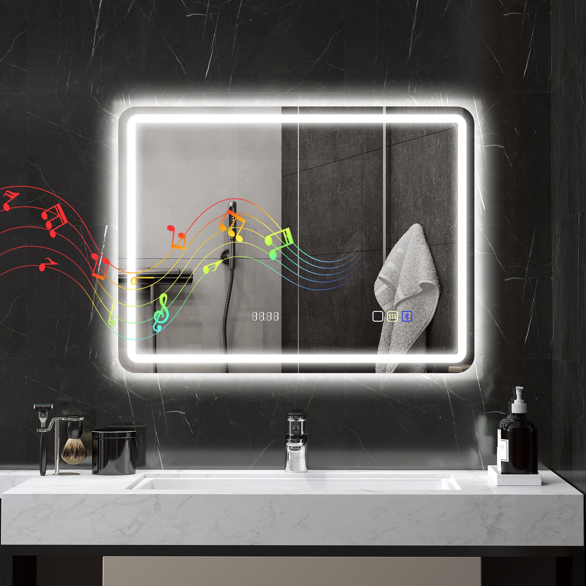 Bathroom Mirror with LED Light 80x60 cm Bluetooth Wall Mirror with 3 Light Colors Digital Clock Anti-Fog Function Memory Function Touch Switch IP44