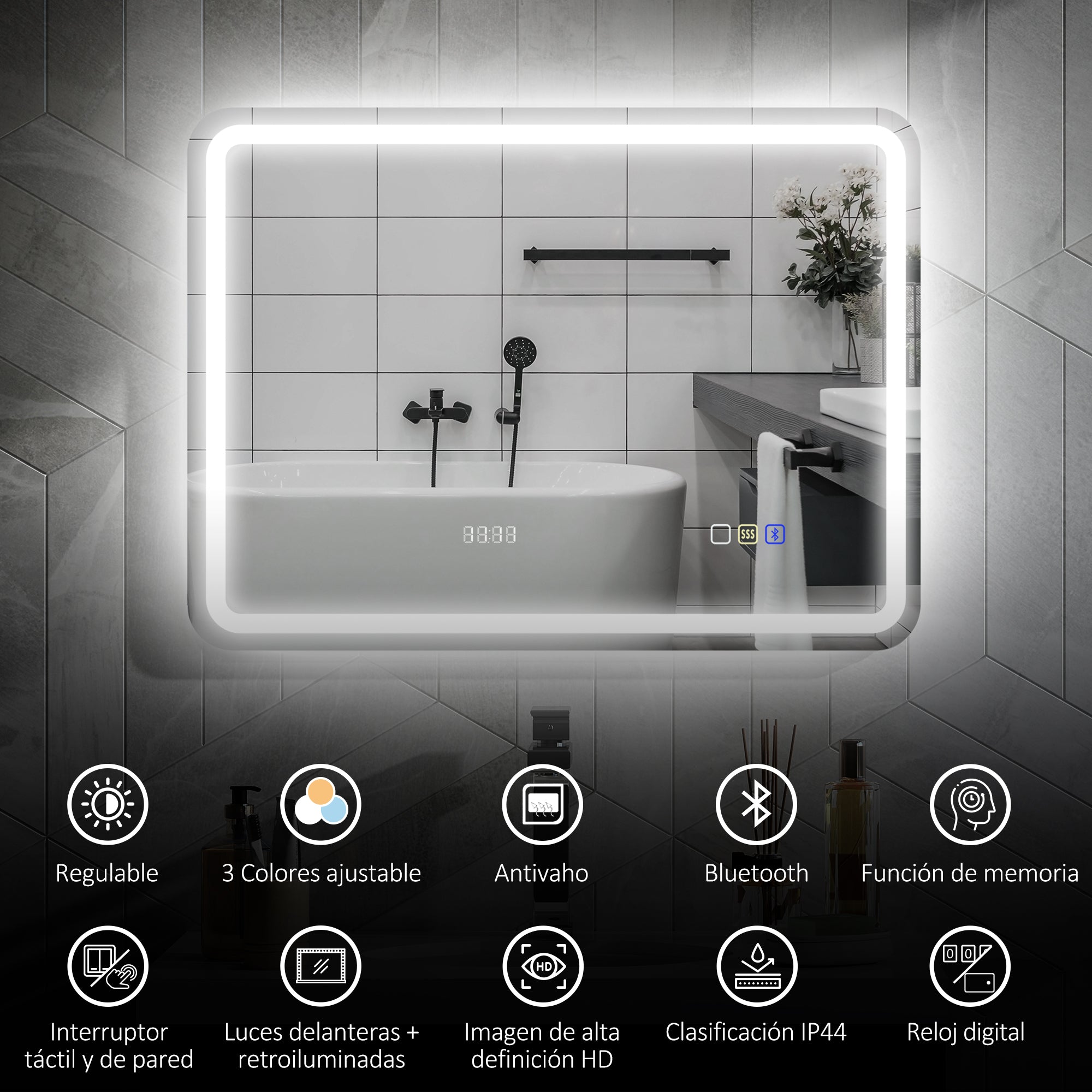 Bathroom Mirror with LED Light 80x60 cm Bluetooth Wall Mirror with 3 Light Colors Digital Clock Anti-Fog Function Memory Function Touch Switch IP44