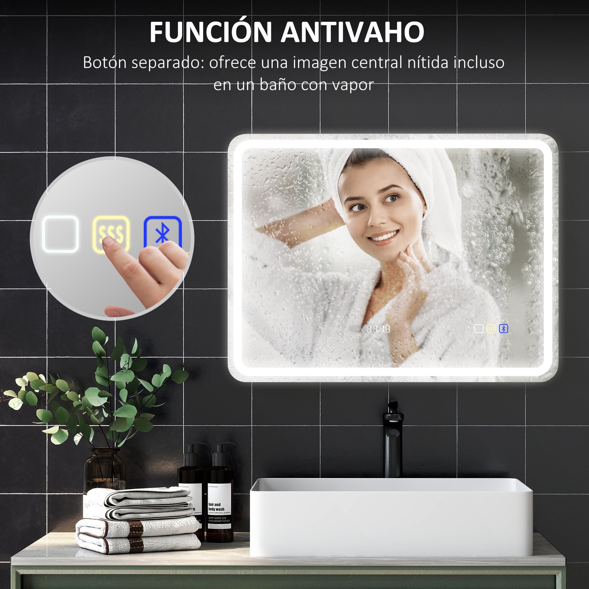Bathroom Mirror with LED Light 80x60 cm Bluetooth Wall Mirror with 3 Light Colors Digital Clock Anti-Fog Function Memory Function Touch Switch IP44