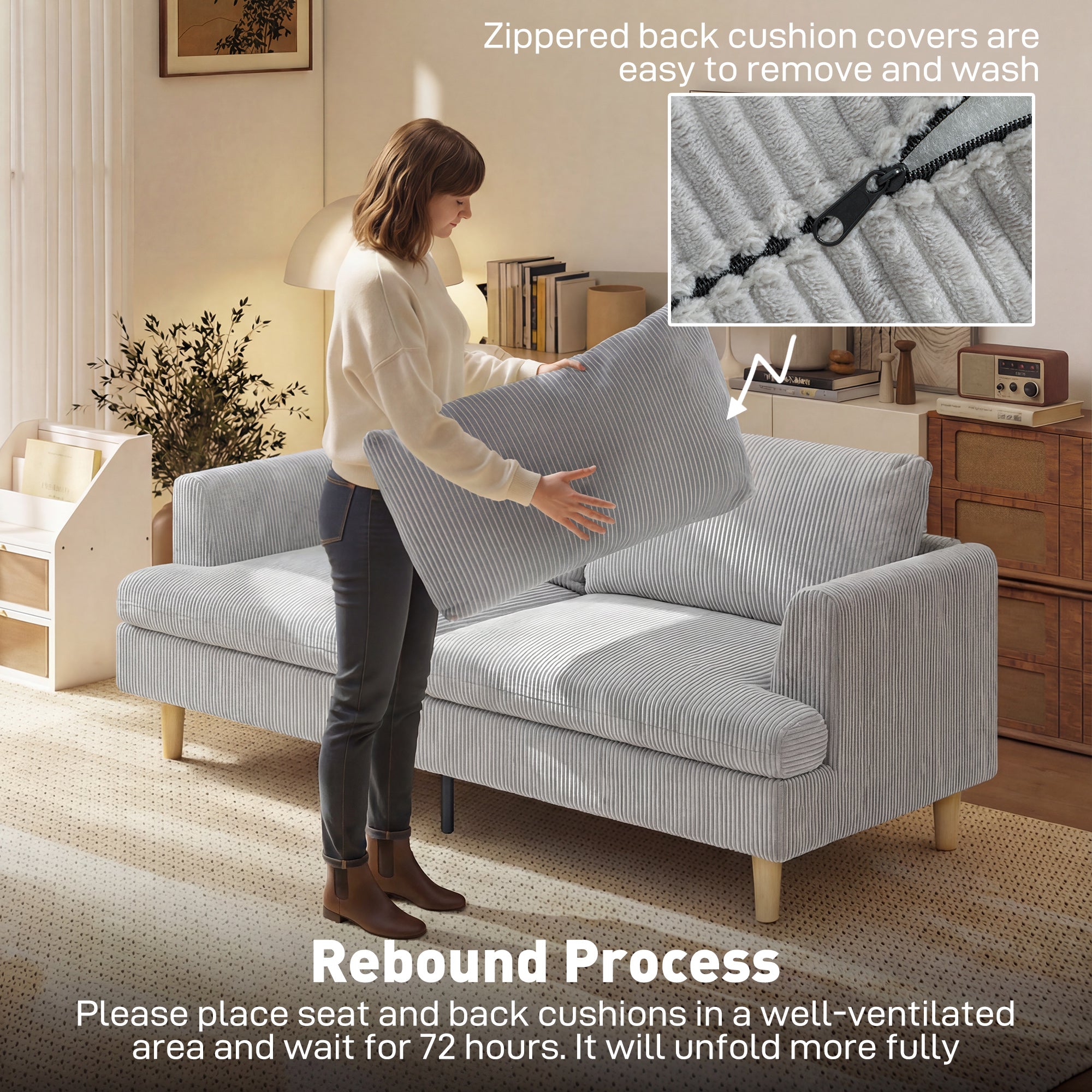 3-Seater Sofa with Armrests, Upholstered Cord Texture, Pocket-Spring Lounge Sofa for Living Room or Bedroom — 188 x 80 x 86 cm (74 x 31.5 x 33.9 in), Light Gray