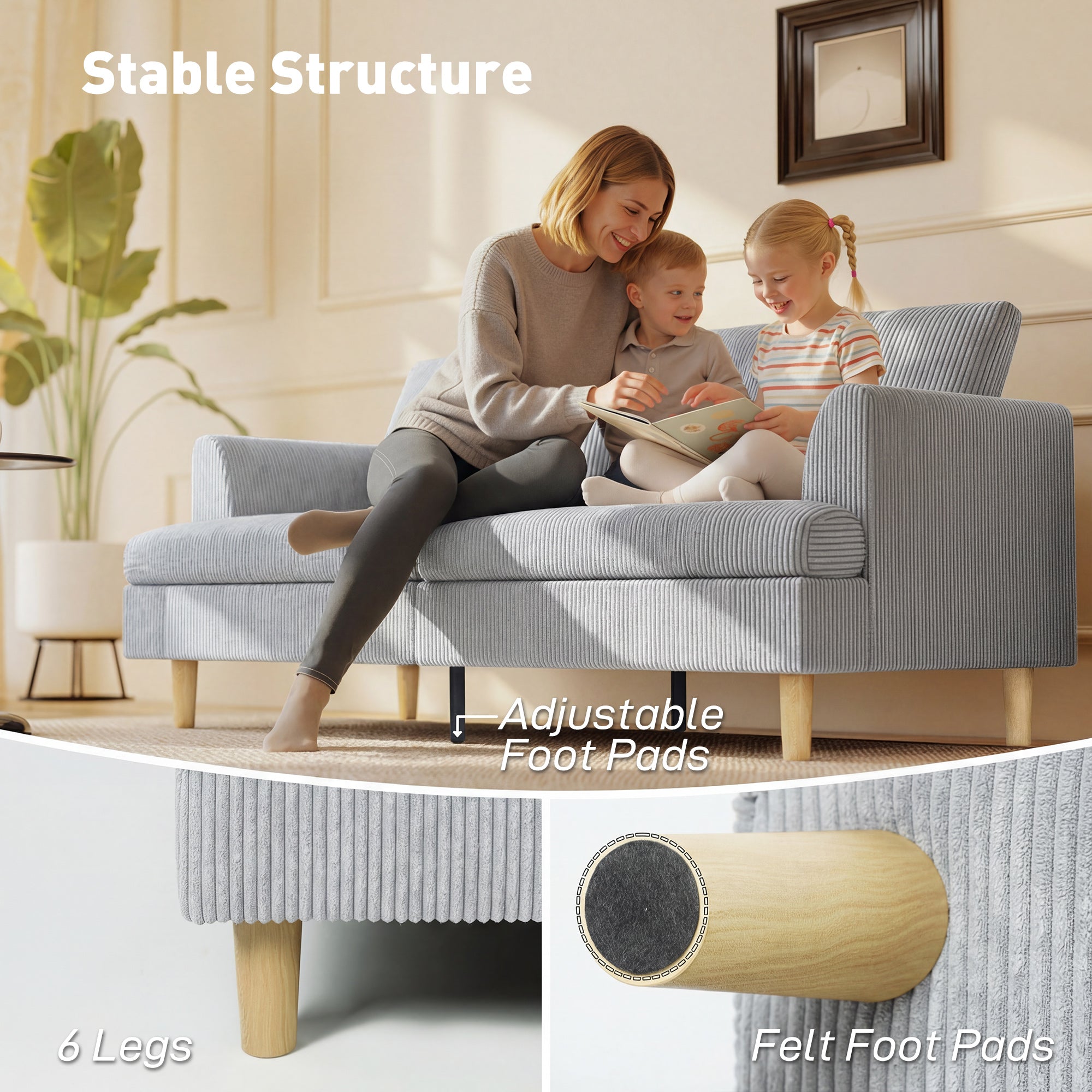 3-Seater Sofa with Armrests, Upholstered Cord Texture, Pocket-Spring Lounge Sofa for Living Room or Bedroom — 188 x 80 x 86 cm (74 x 31.5 x 33.9 in), Light Gray