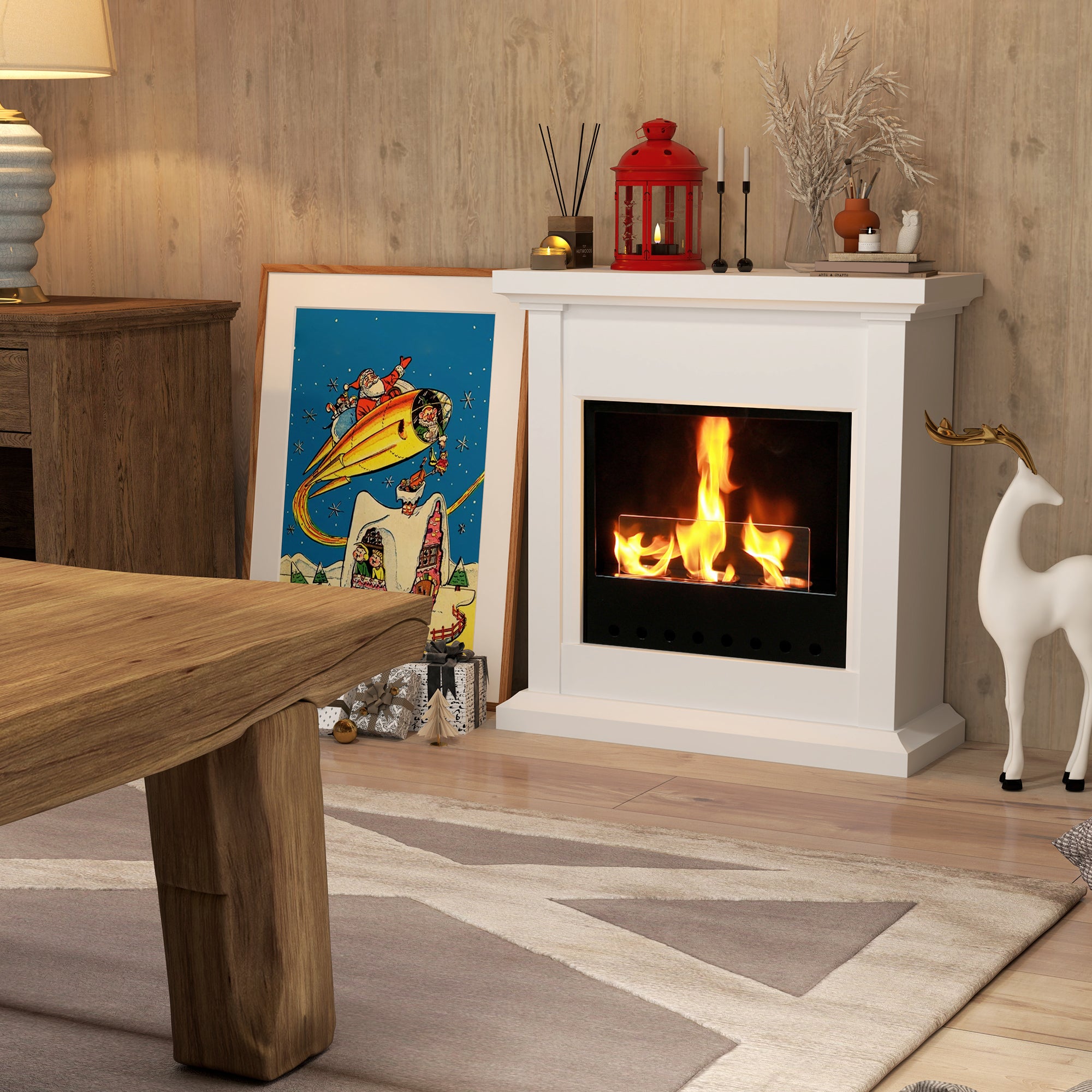 Bioethanol Fireplace with Frame Freestanding Bioethanol Stove with 1.2 L Stainless Steel Flame Extinguisher Combustion Time 3H for Indoors 16-18 m² 63.5x24x66 cm White
