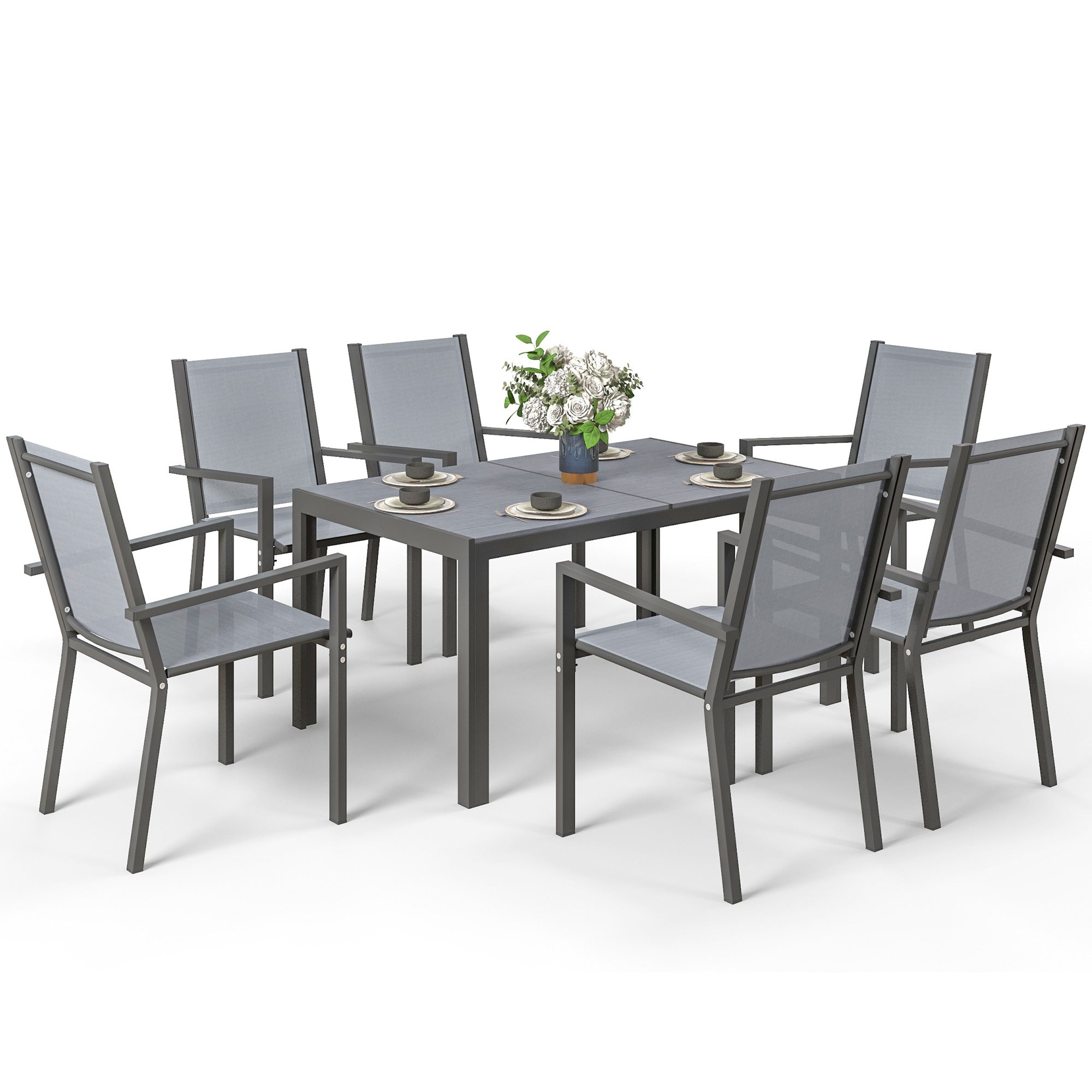 Garden Furniture Set for 6 people, Outdoor Lounge Set, Steel Frames, Stackable Chairs, High Backrests, Grey