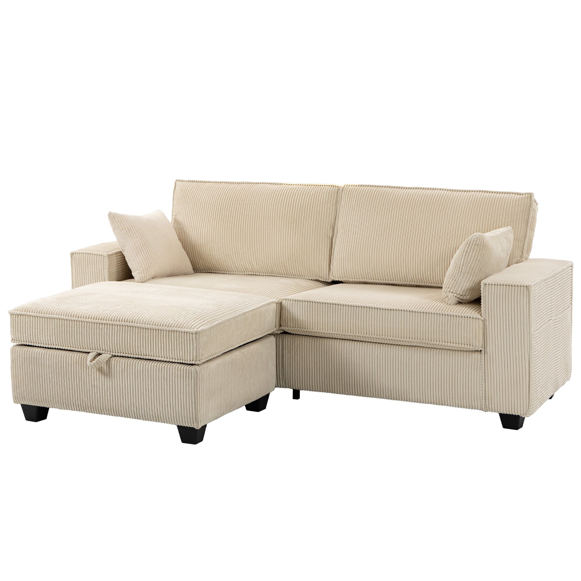 L-Shaped 3-Seater Corner Sofa with Storage Ottoman, Corduroy Upholstery, Wide Seating & 2 Cushions — Beige