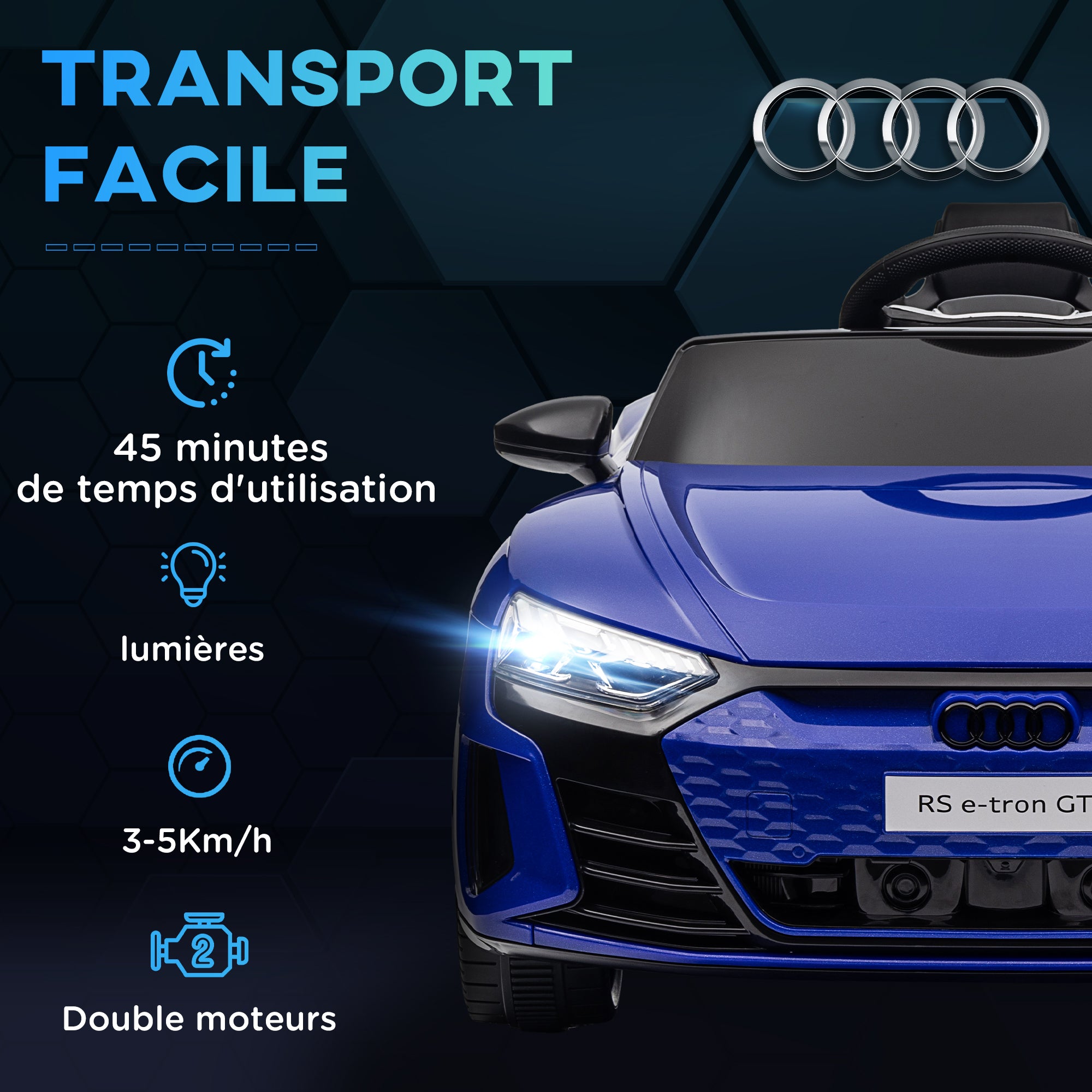 12V Electric Kids Car - Parental Remote Control Provided - Max. Speed 5 Km/h - Sound and Light Effects - Dark Blue Audi RS E-tron GT