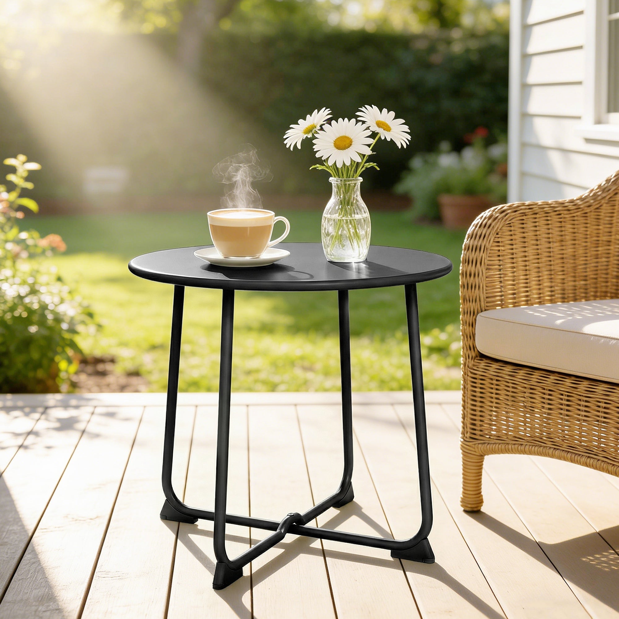 19.7 in Round Garden Side Table, Metal Outdoor Table with X-Base and Non-Slip Feet, Black