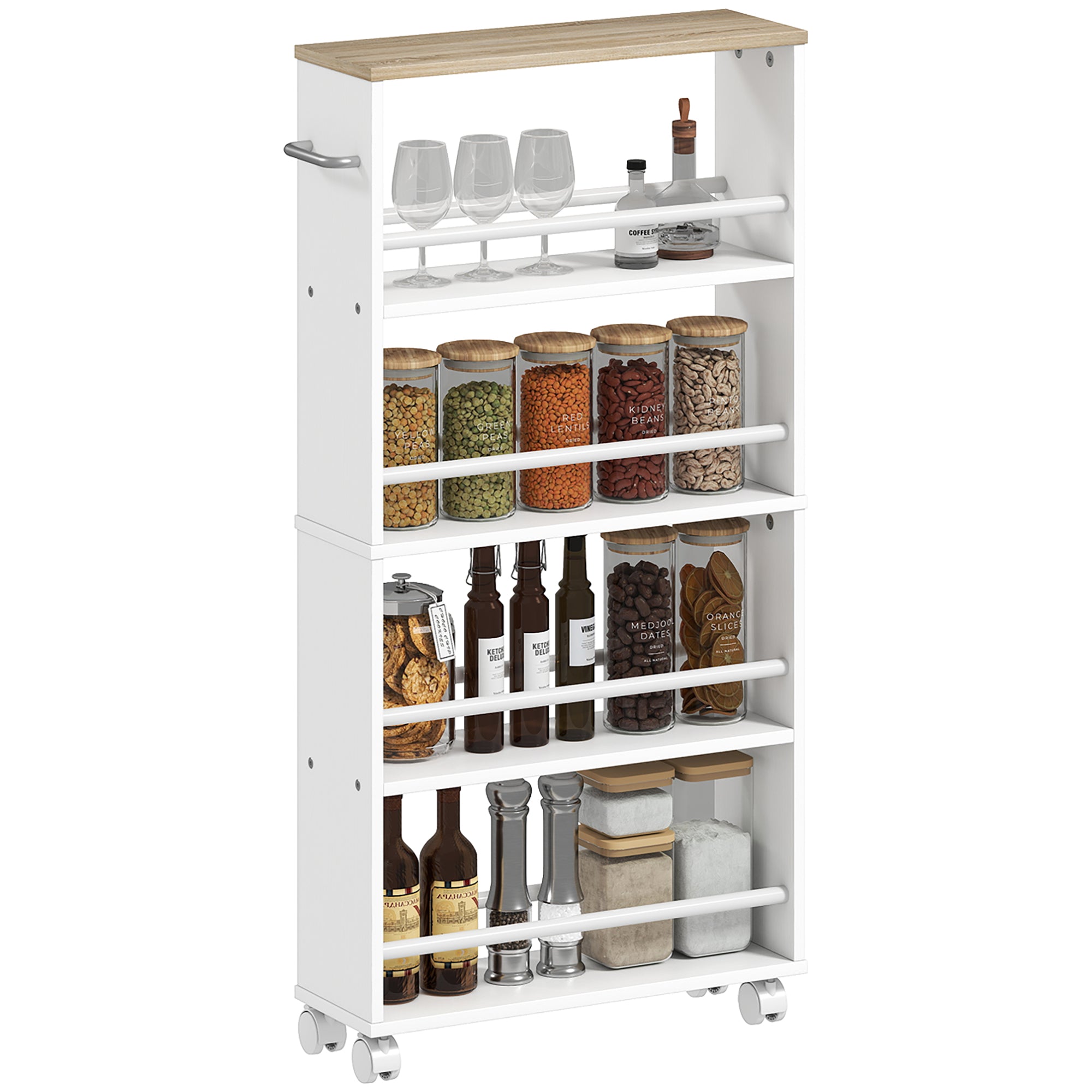 4-Tier Narrow Rolling Kitchen Cart with Handle & Brakes, Versatile Utility Trolley for Kitchen, Office, Bathroom — Natural