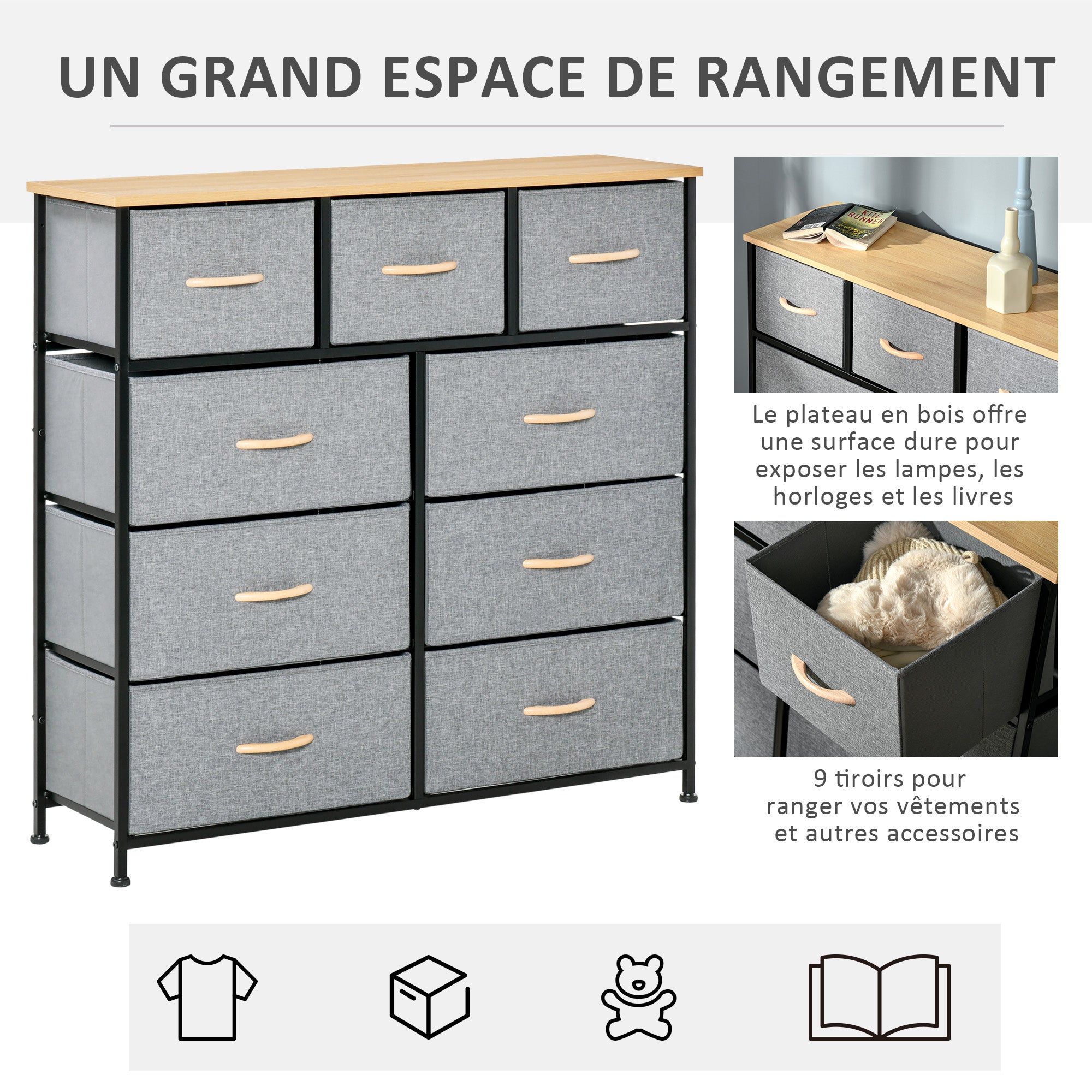 9-Drawer Chest Storage Cabinet Folding Cloth Drawer - Black Steel Frame - 100 x 30 x 100 cm, Bedroom, Entryway, Living Room, Oak and Grey