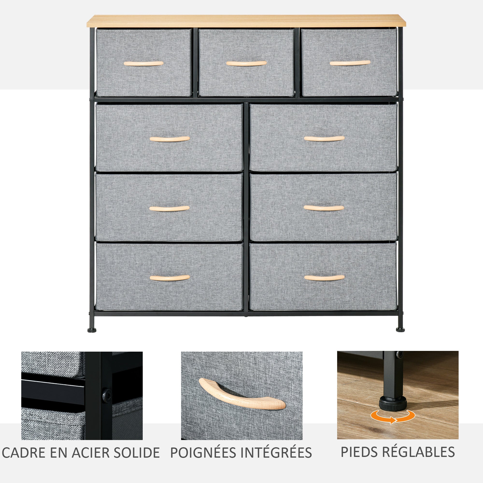 9-Drawer Chest Storage Cabinet Folding Cloth Drawer - Black Steel Frame - 100 x 30 x 100 cm, Bedroom, Entryway, Living Room, Oak and Grey