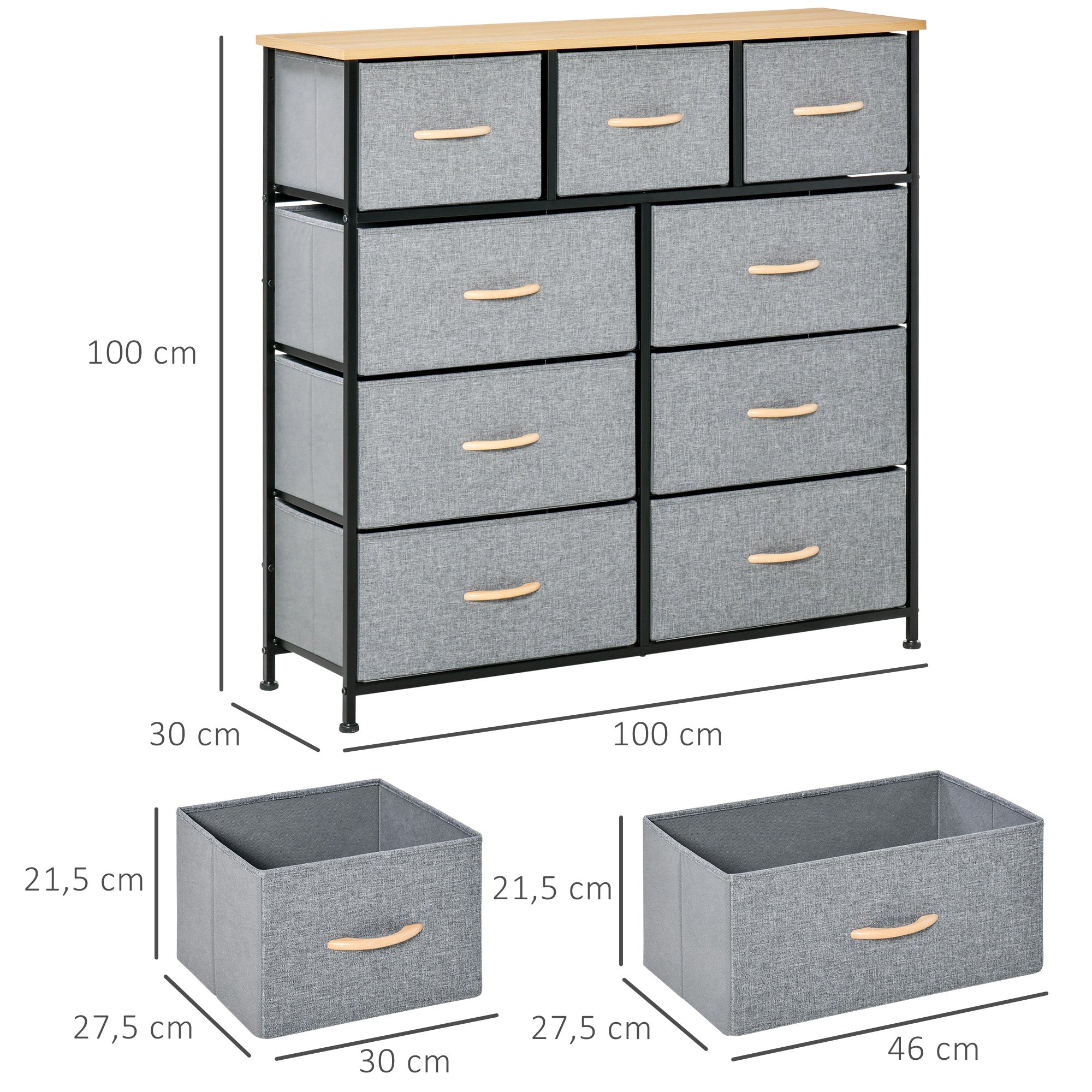 9-Drawer Chest Storage Cabinet Folding Cloth Drawer - Black Steel Frame - 100 x 30 x 100 cm, Bedroom, Entryway, Living Room, Oak and Grey