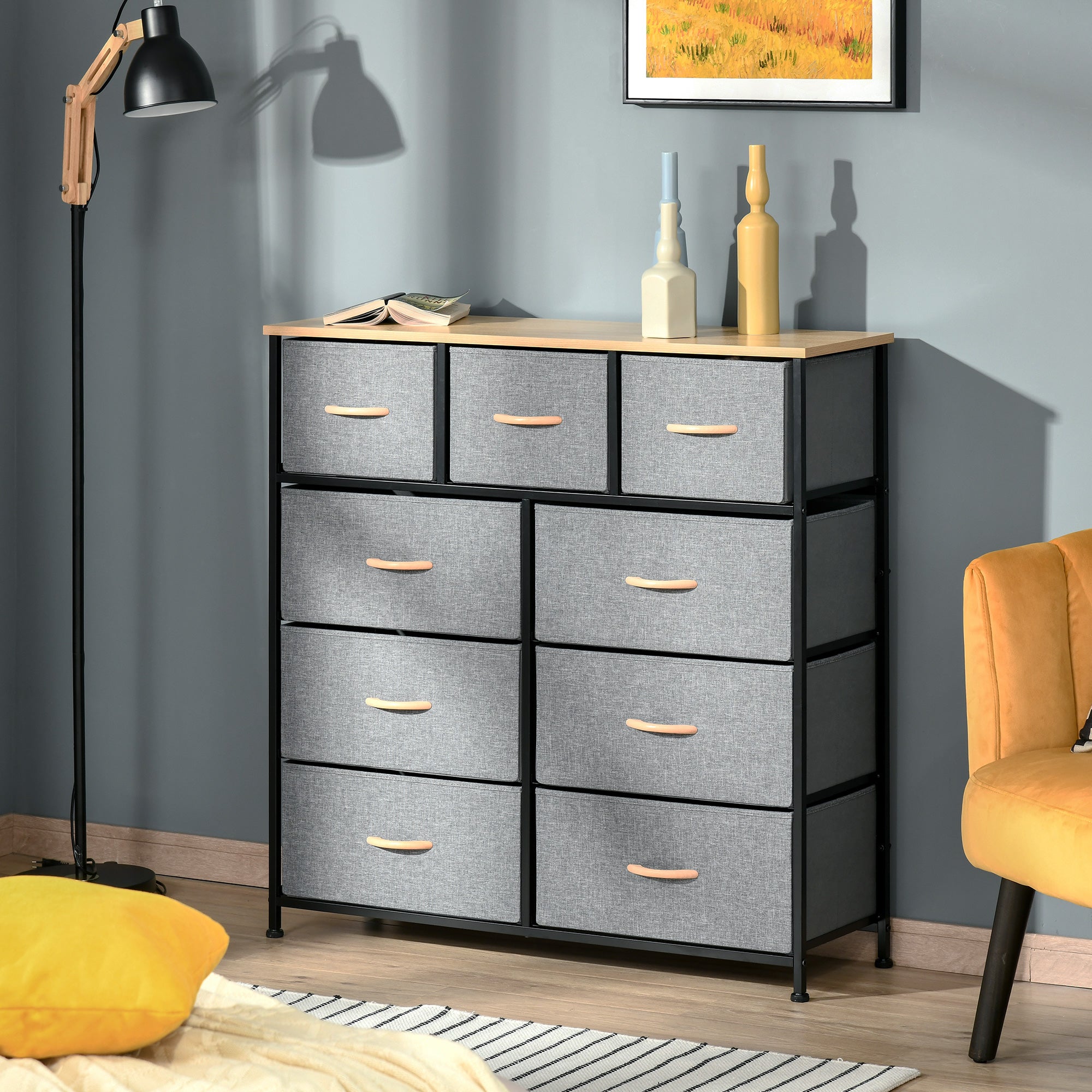 9-Drawer Chest Storage Cabinet Folding Cloth Drawer - Black Steel Frame - 100 x 30 x 100 cm, Bedroom, Entryway, Living Room, Oak and Grey