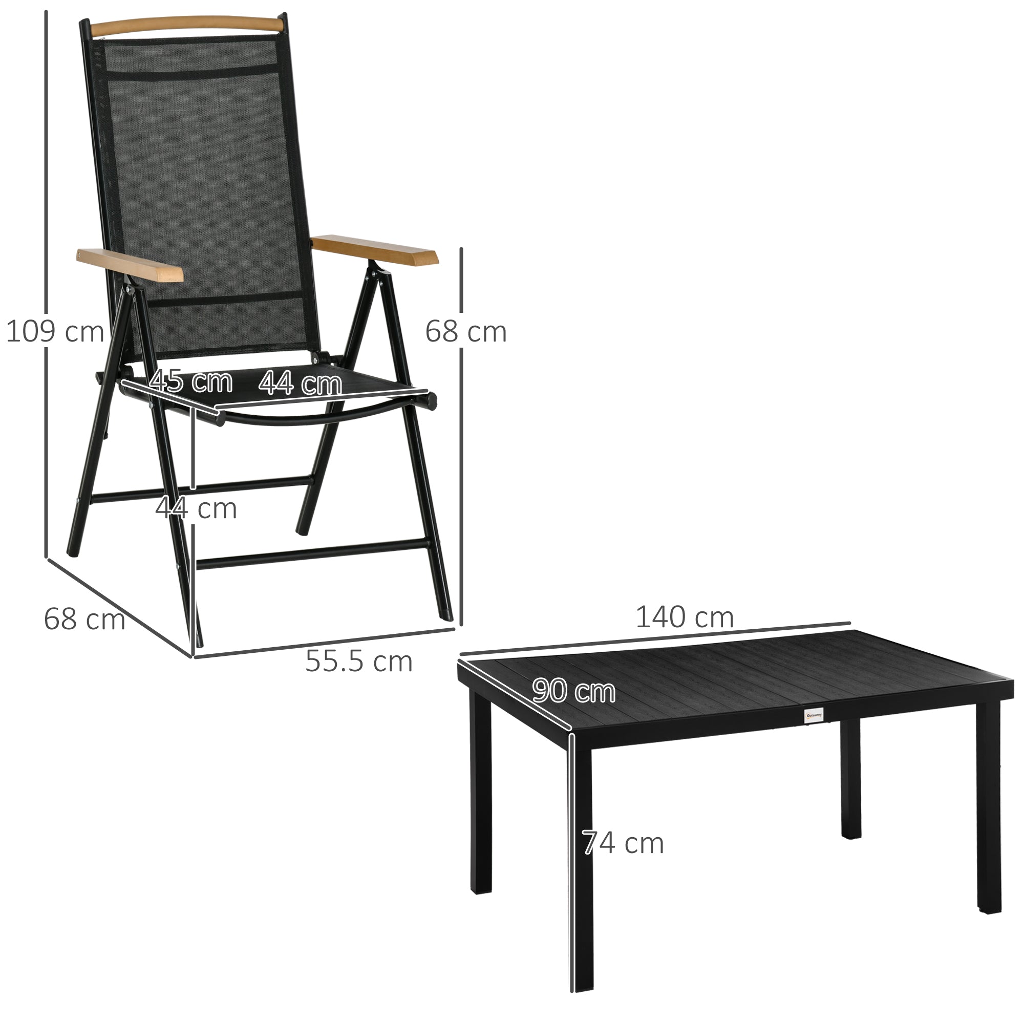 5-Piece Aluminum Dining Set, Table and 4 Folding Adjustable Garden Chairs for 4 People, Black