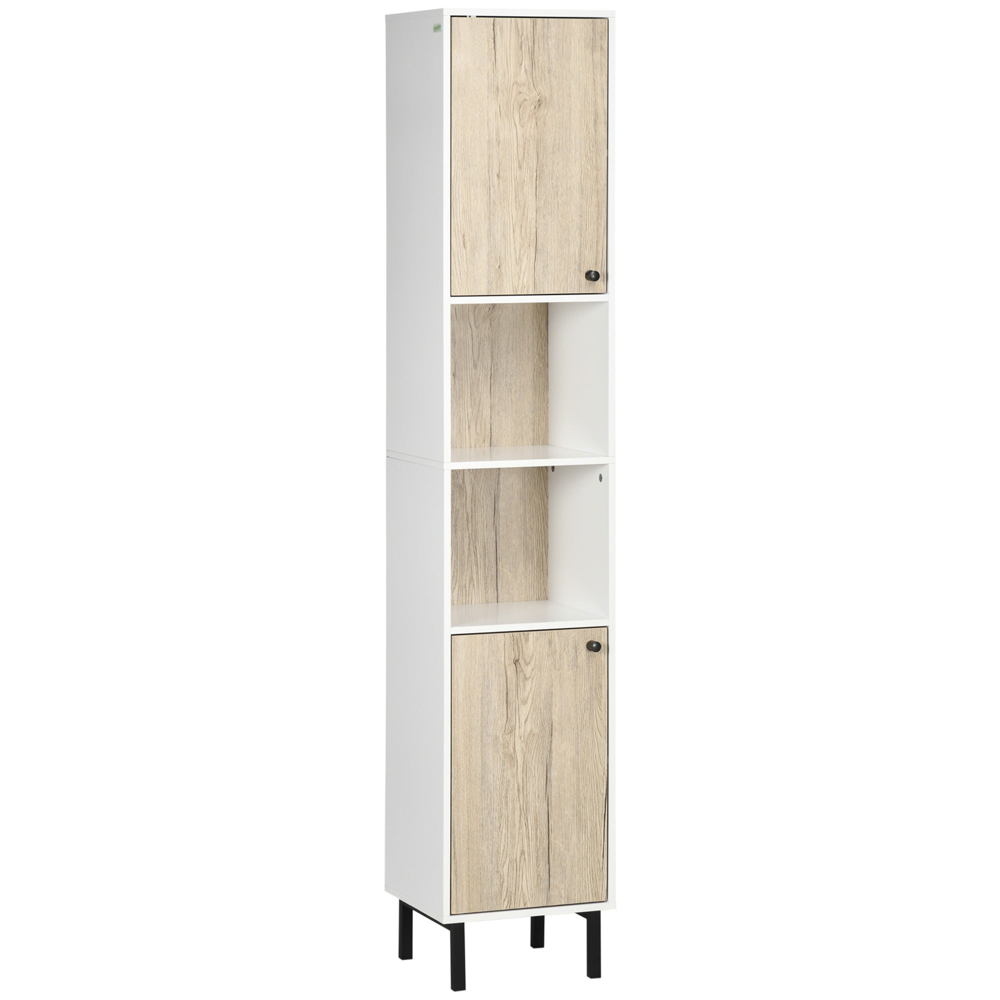 Tall Bathroom Column Auxiliary Cabinet with 2 Doors and 6 Shelves for Shower Toilet Bedroom Modern Style 31.5x30x169 cm White and Oak