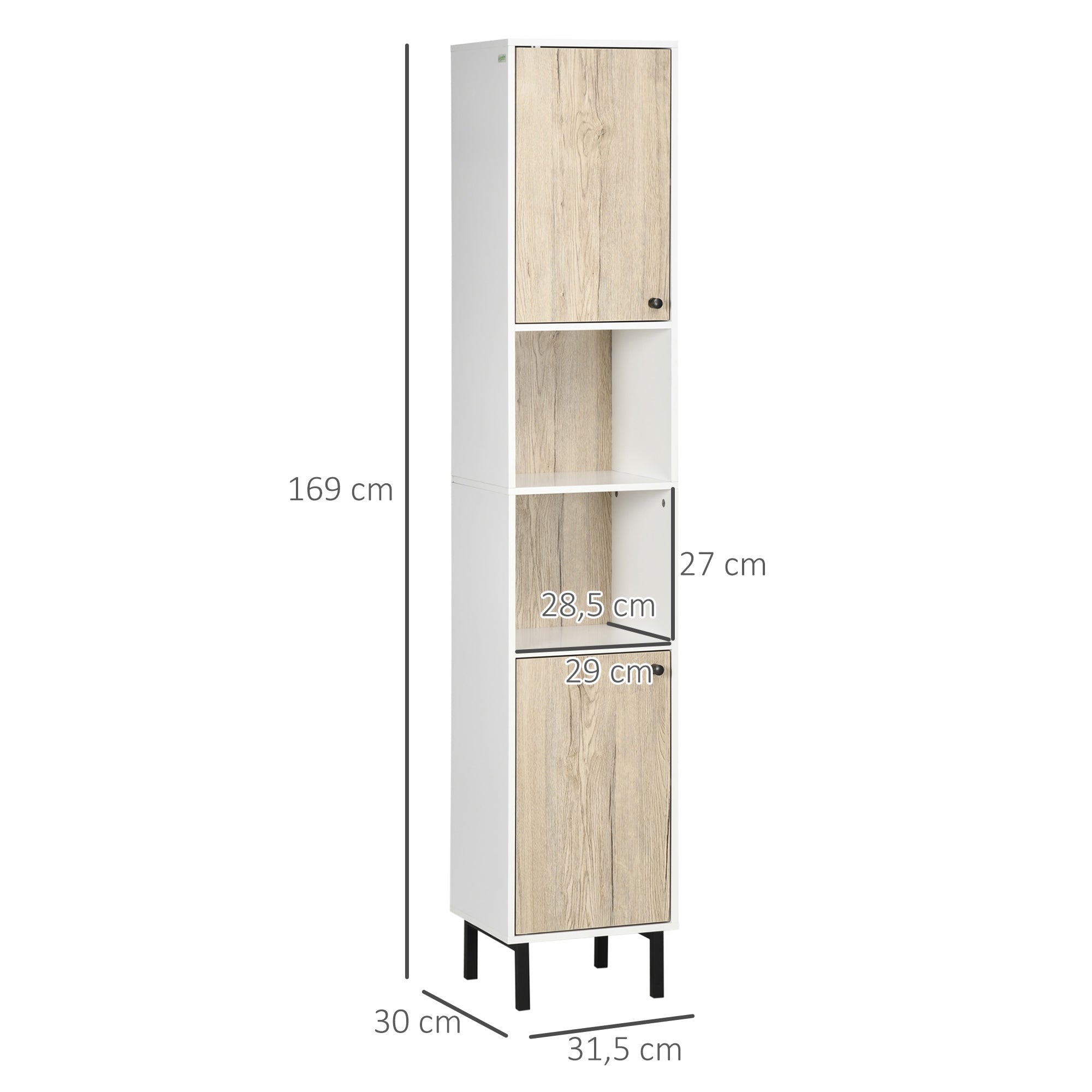 Tall Bathroom Column Auxiliary Cabinet with 2 Doors and 6 Shelves for Shower Toilet Bedroom Modern Style 31.5x30x169 cm White and Oak