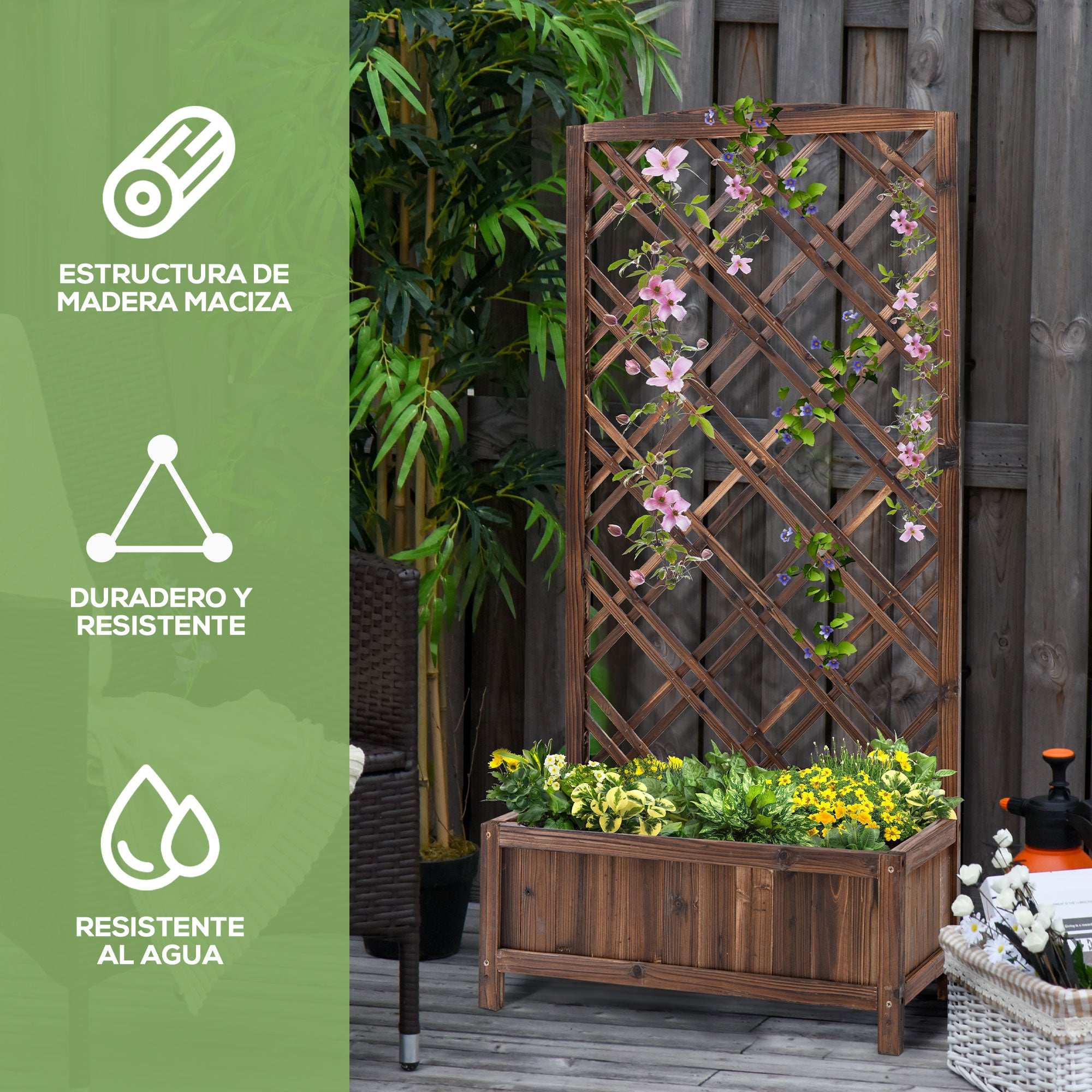 Planter with Trellis Wooden Garden Planter with Climbing Frame for Plants in Outdoor Terrace Garden Balcony 60x30x122.5 cm Brown