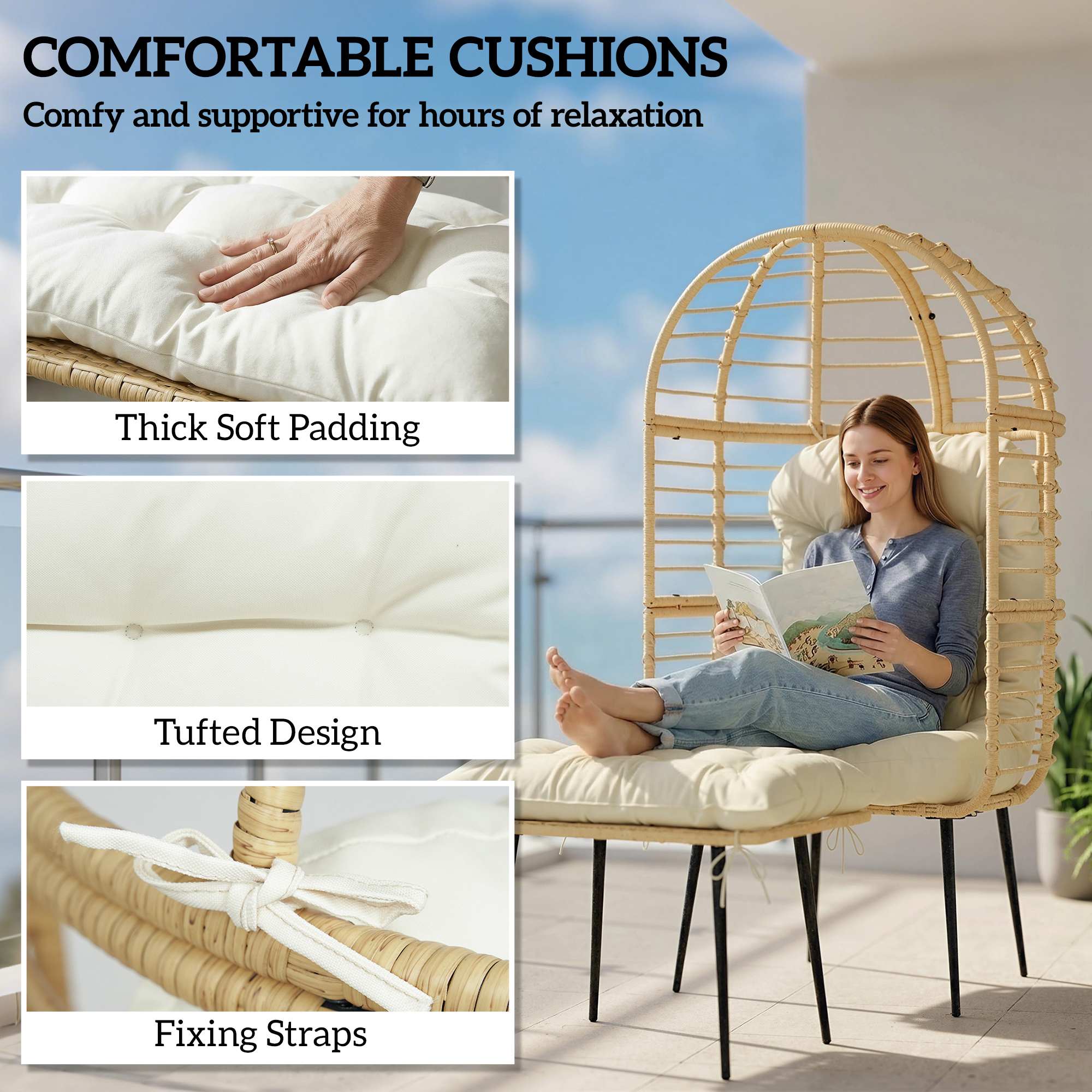 Egg-Shaped PE Rattan Lounge Chair with Ottoman — Boho Patio & Indoor Lounger with Thick Cushions, Powder-Coated Frame, Beige