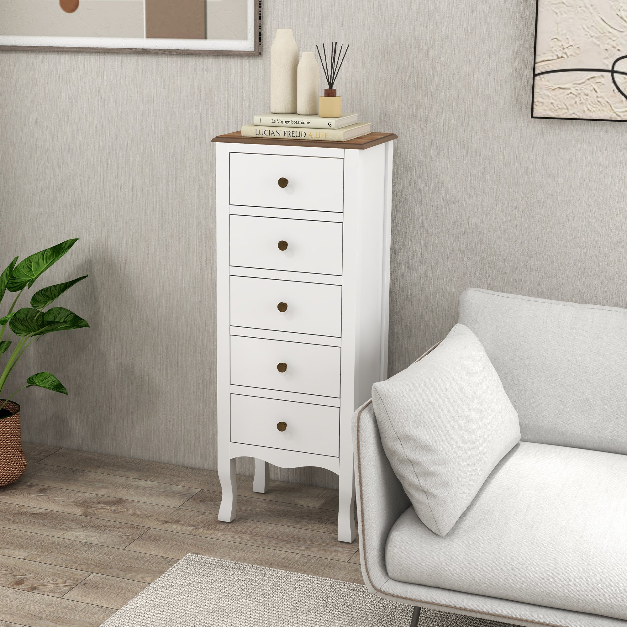 5-Drawer Chest of Drawers Compact Storage Unit White with Brass Effect Button Handle, for Bedroom, Entryway, Living Room, dim. 45L x 30W x 114H cm