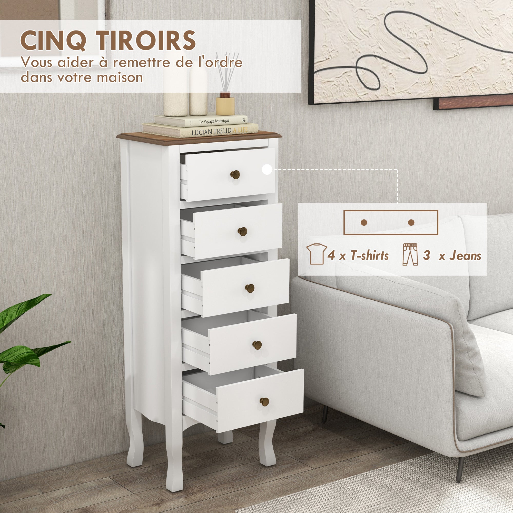 5-Drawer Chest of Drawers Compact Storage Unit White with Brass Effect Button Handle, for Bedroom, Entryway, Living Room, dim. 45L x 30W x 114H cm