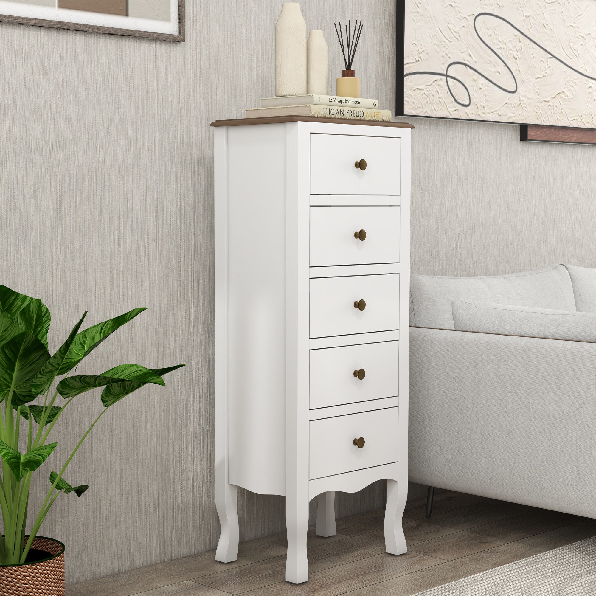 5-Drawer Chest of Drawers Compact Storage Unit White with Brass Effect Button Handle, for Bedroom, Entryway, Living Room, dim. 45L x 30W x 114H cm