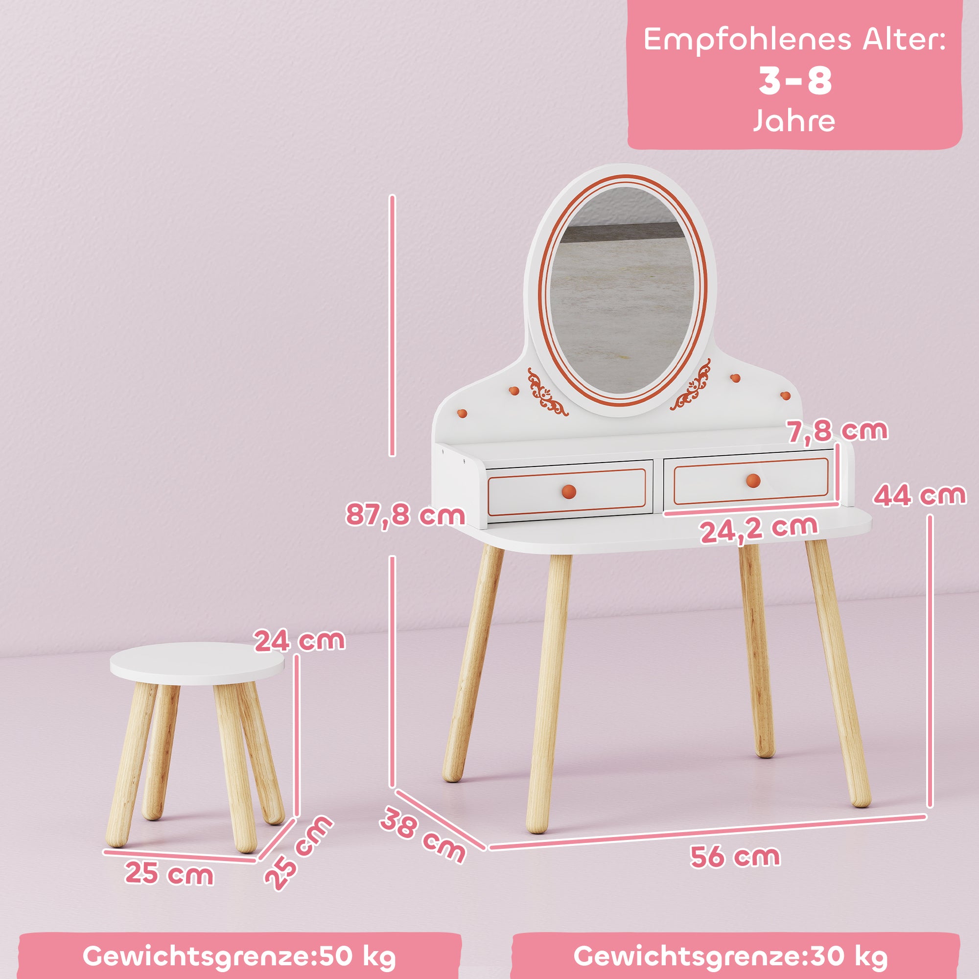 Kids Vanity Set with Stool & Mirror — Makeup Table with Drawers & Hanging Rods for Girls, Ages 3–8 — White