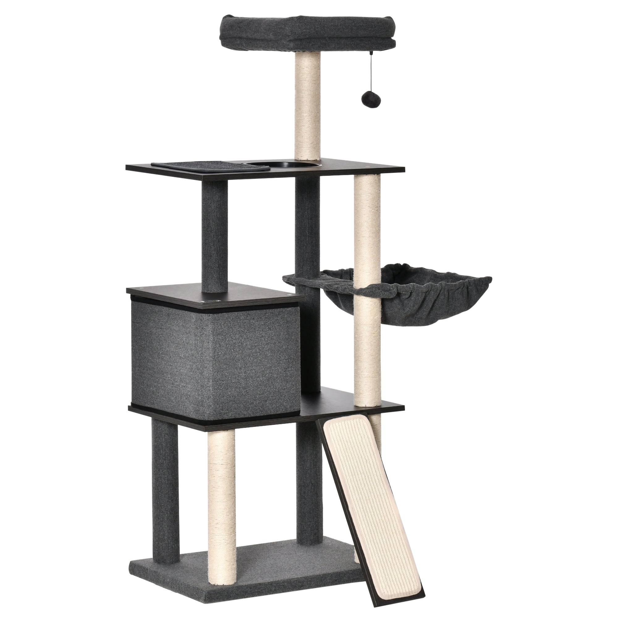 Scratching Post Tree for Adult Cats and Kittens, 146cm, Sisal Posts, Platforms, House, Bed, and Washable Cushions, Dark Gray