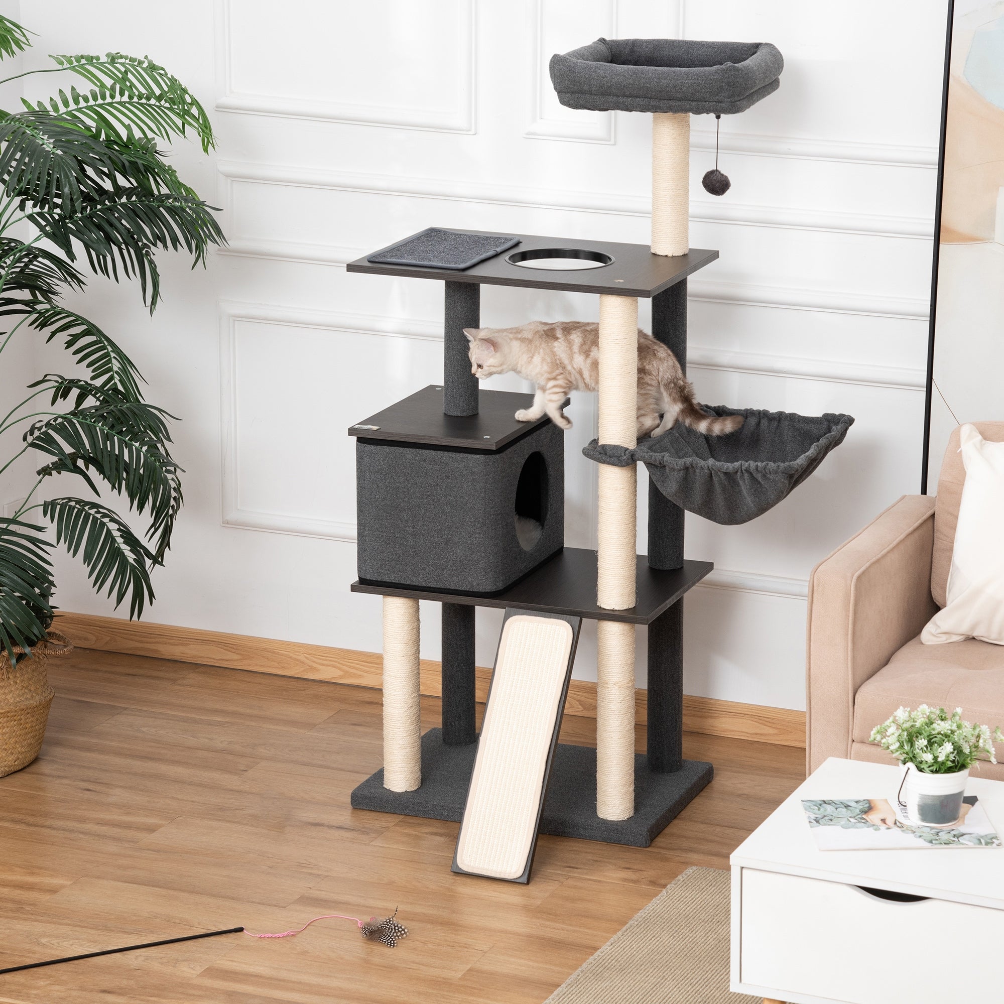 Scratching Post Tree for Adult Cats and Kittens, 146cm, Sisal Posts, Platforms, House, Bed, and Washable Cushions, Dark Gray