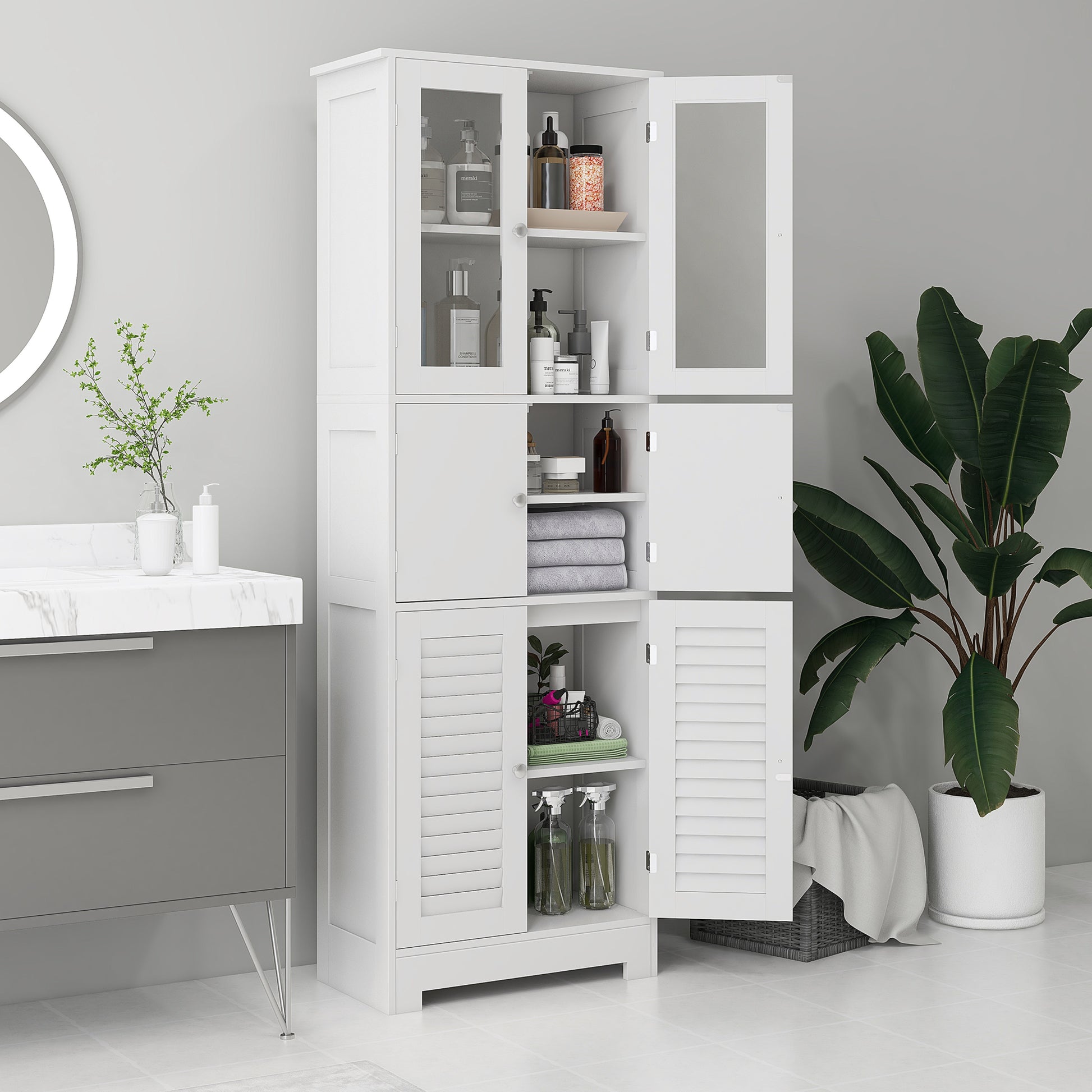 Bathroom Column Auxiliary Bathroom Furniture with 6 Doors Adjustable Shelves Anti-tip Modern Bathroom Cabinet 60x30x170.5 cm White