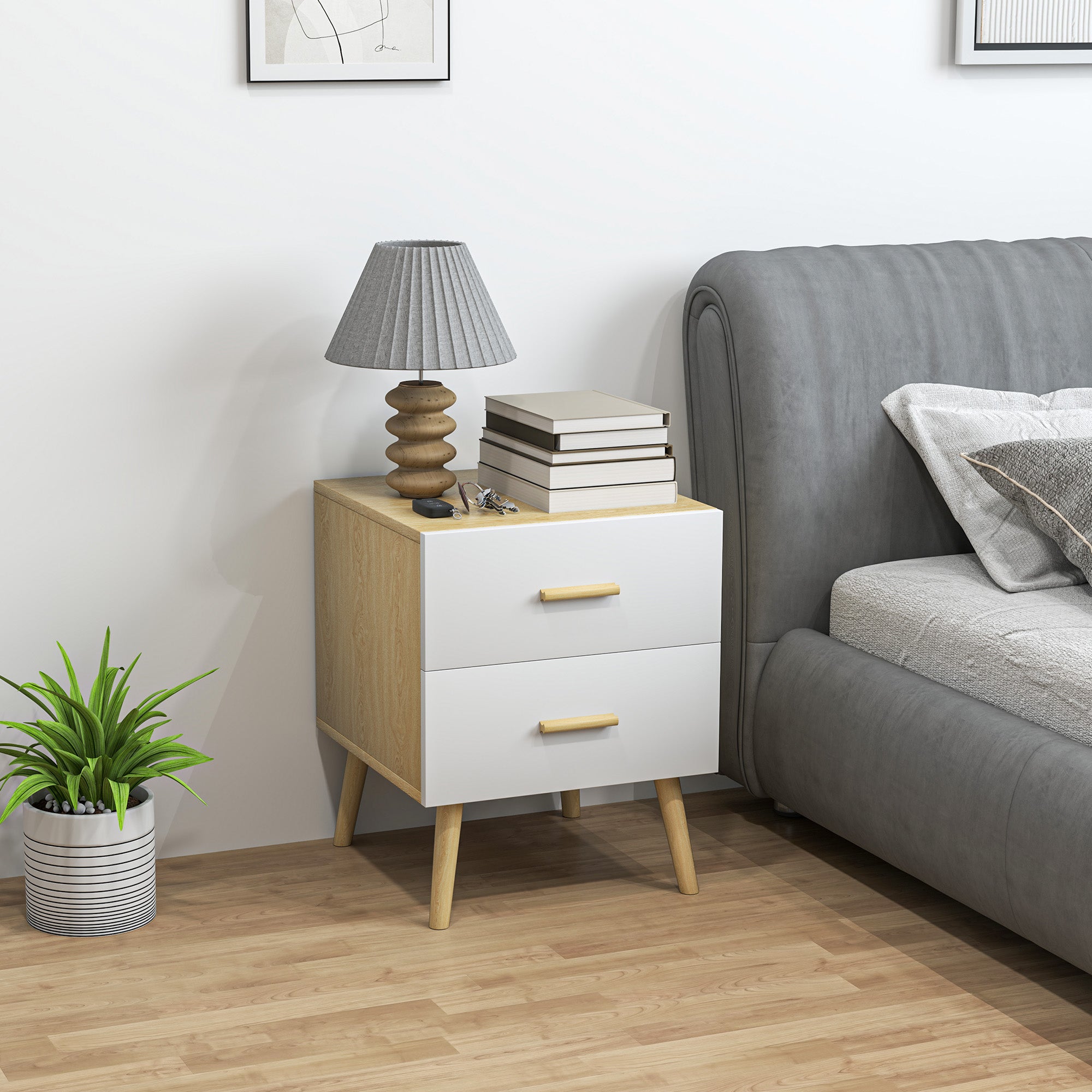 Bedside Table with 2 Drawers in Wood, Bedroom Bedside Table for Living Room, 40x40x50 cm, Oak