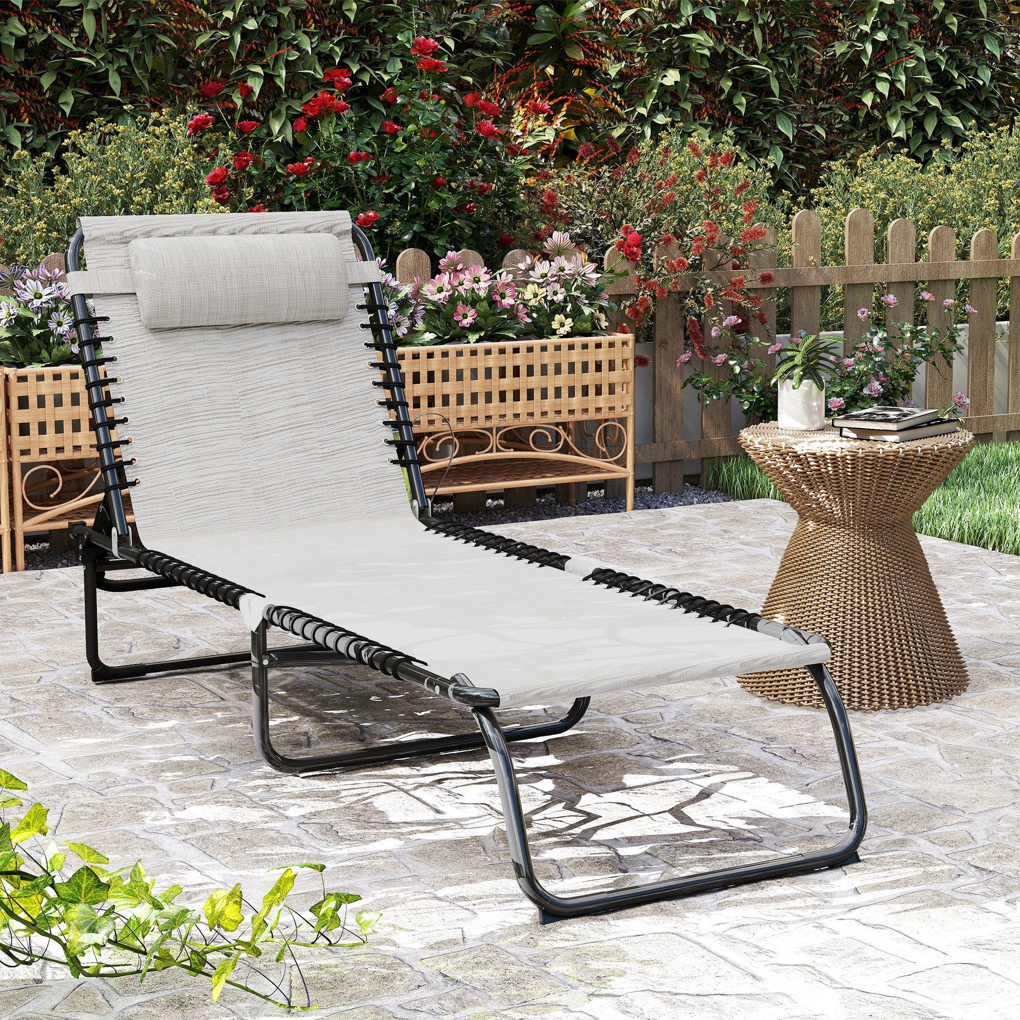 Foldable Sun Lounger Garden Lounger, Recliner with 4-Position Adjustable Backrest, Weather-resistant Camping Lounger up to 120 kg load capacity, for Garden Beach Pool, Cream White