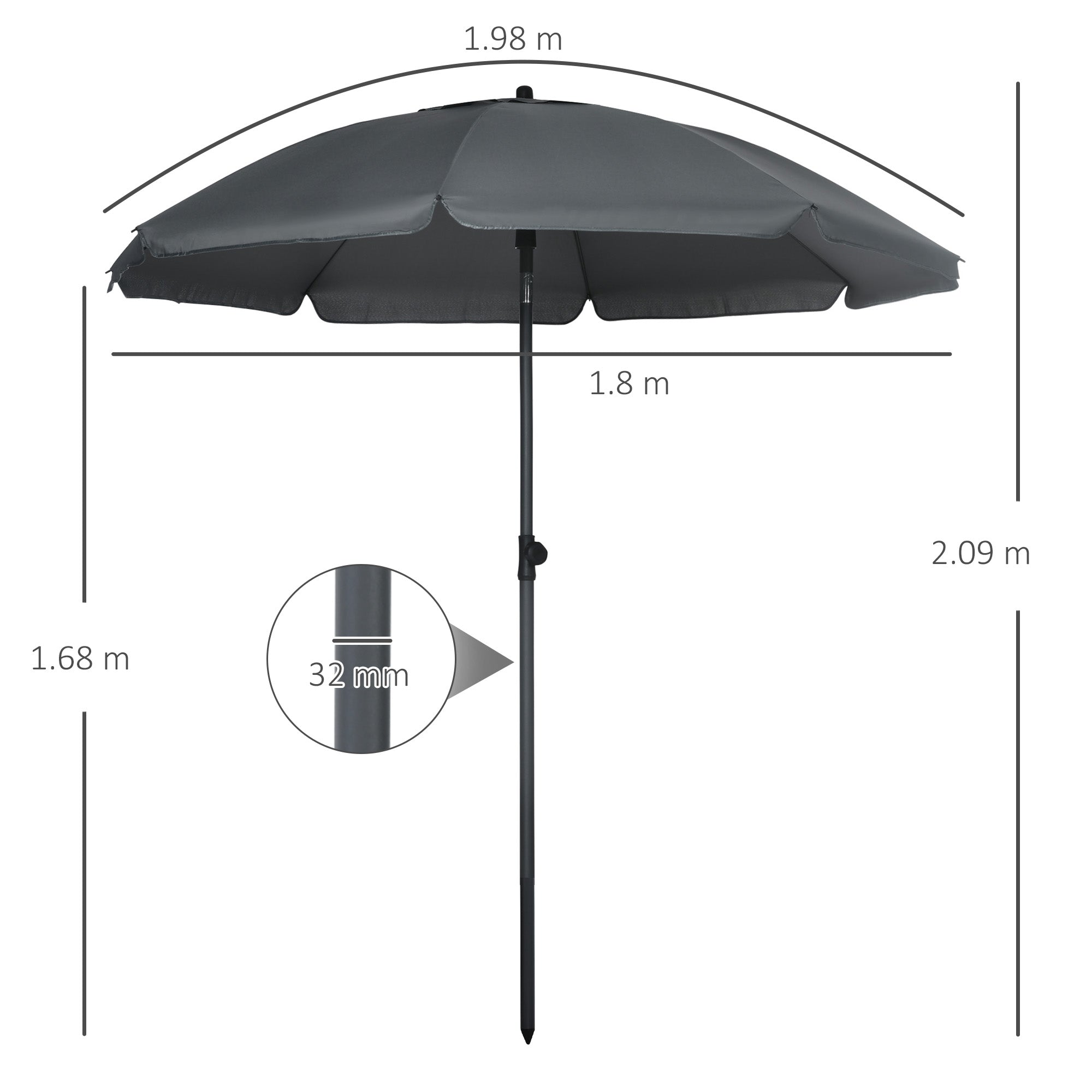 Beach Umbrella Ø180 cm UV 50+ Windproof Stable Beach Umbrella with UV Protection Stormproof Balcony Umbrella Foldable Garden Umbrella Safe Sun Protection for Travel Beach Balcony Camping Dark Grey