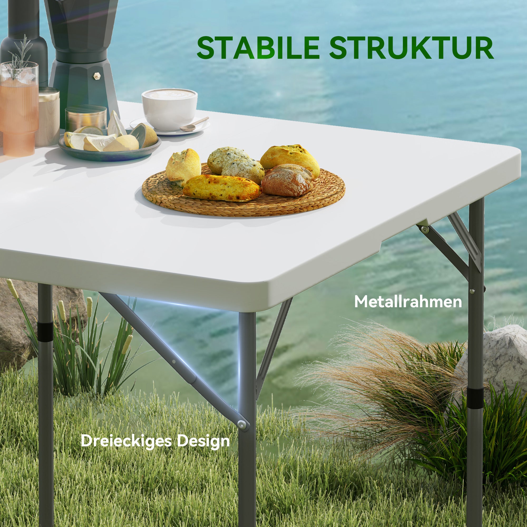 Folding Camping Table Adjustable Height Multifunctional Table Lightweight Side Table for Garden Terrace Balcony Camping Picnic 86 x 86 cm White