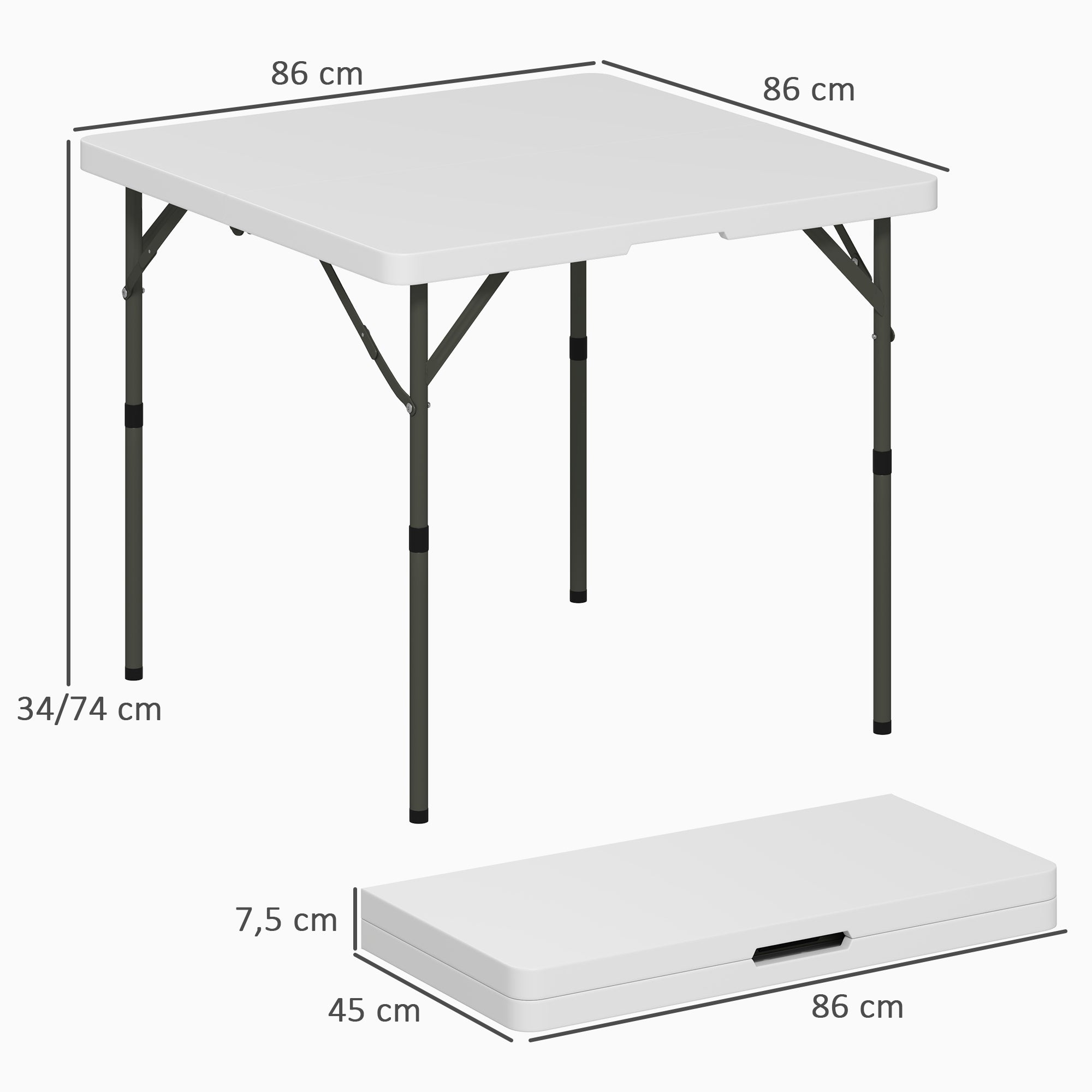 Folding Camping Table Adjustable Height Multifunctional Table Lightweight Side Table for Garden Terrace Balcony Camping Picnic 86 x 86 cm White
