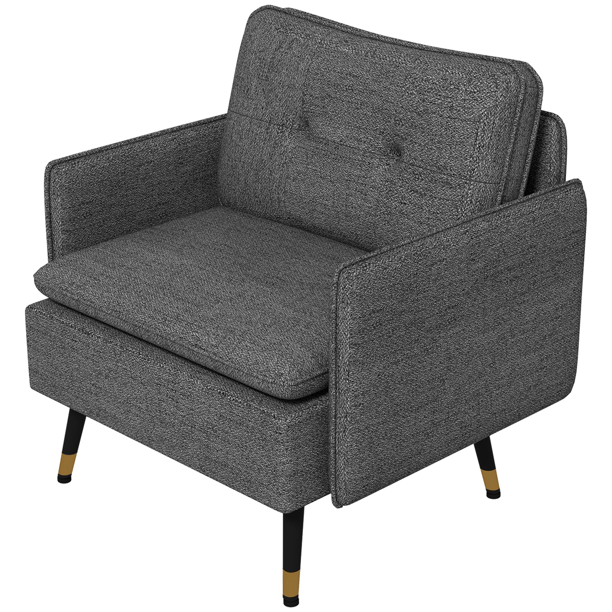 Scandinavian armchair with tufted backrest and piping in gray fabric 76 x 68 x 80 cm - black and gold metal legs