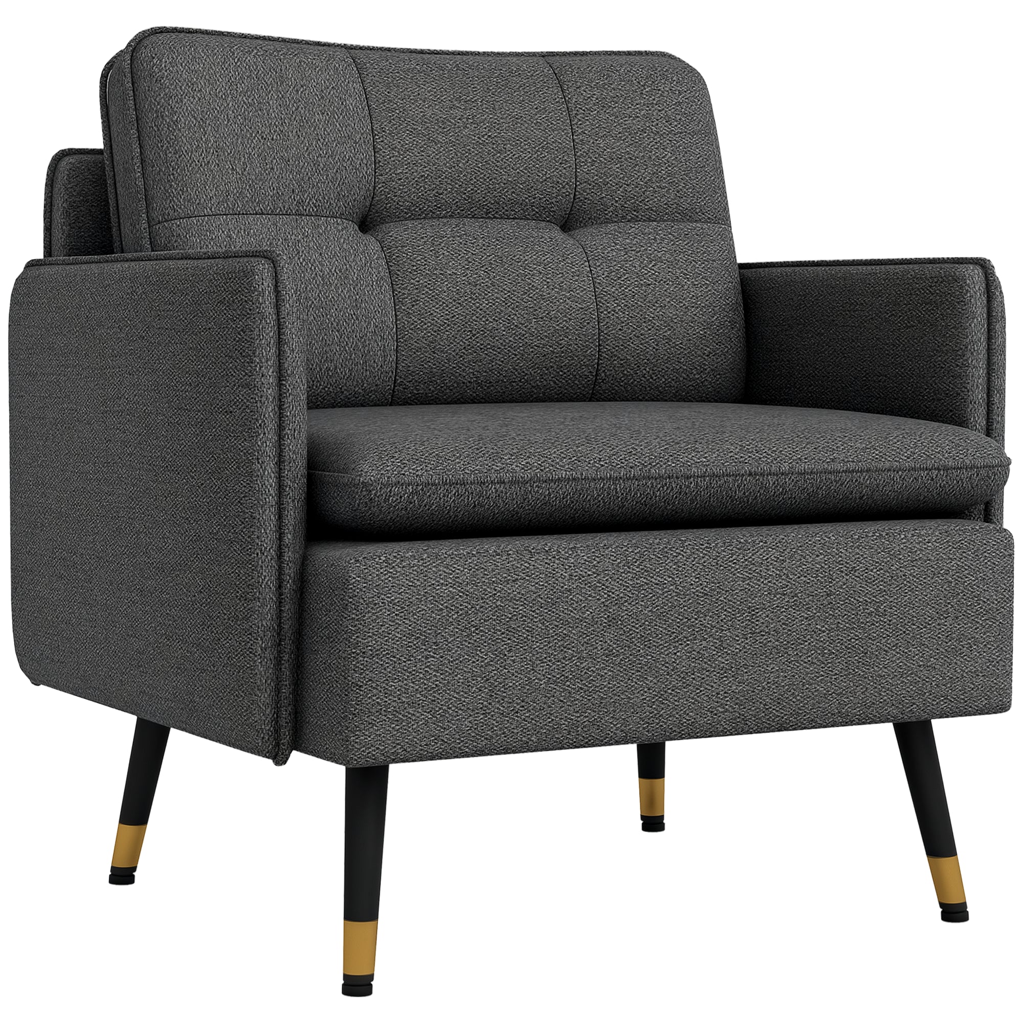 Scandinavian armchair with tufted backrest and piping in gray fabric 76 x 68 x 80 cm - black and gold metal legs