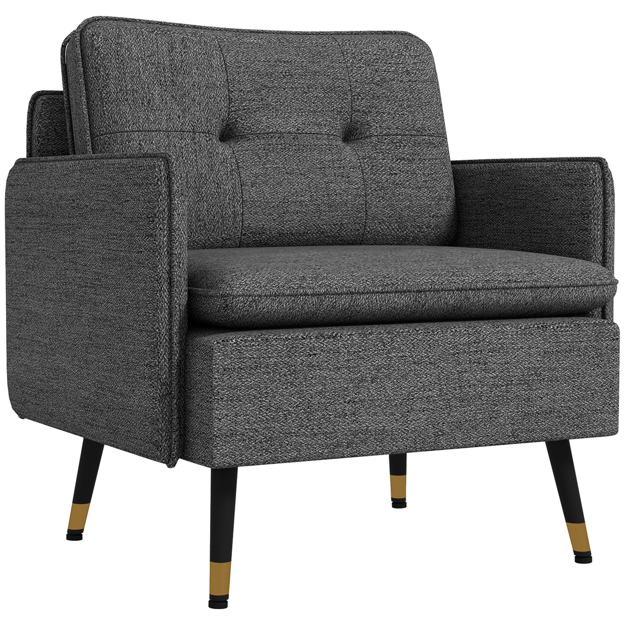 Scandinavian armchair with tufted backrest and piping in gray fabric 76 x 68 x 80 cm - black and gold metal legs