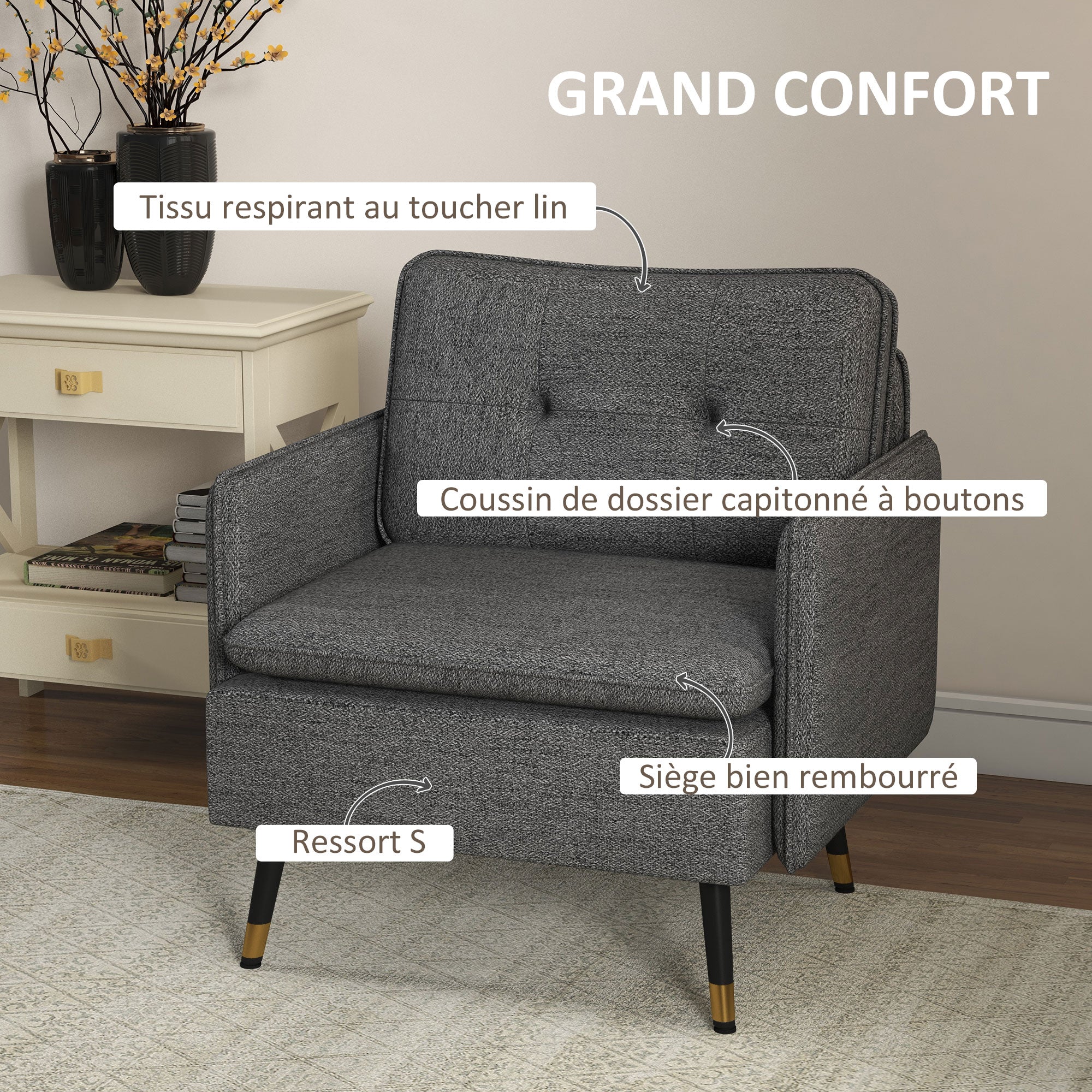 Scandinavian armchair with tufted backrest and piping in gray fabric 76 x 68 x 80 cm - black and gold metal legs