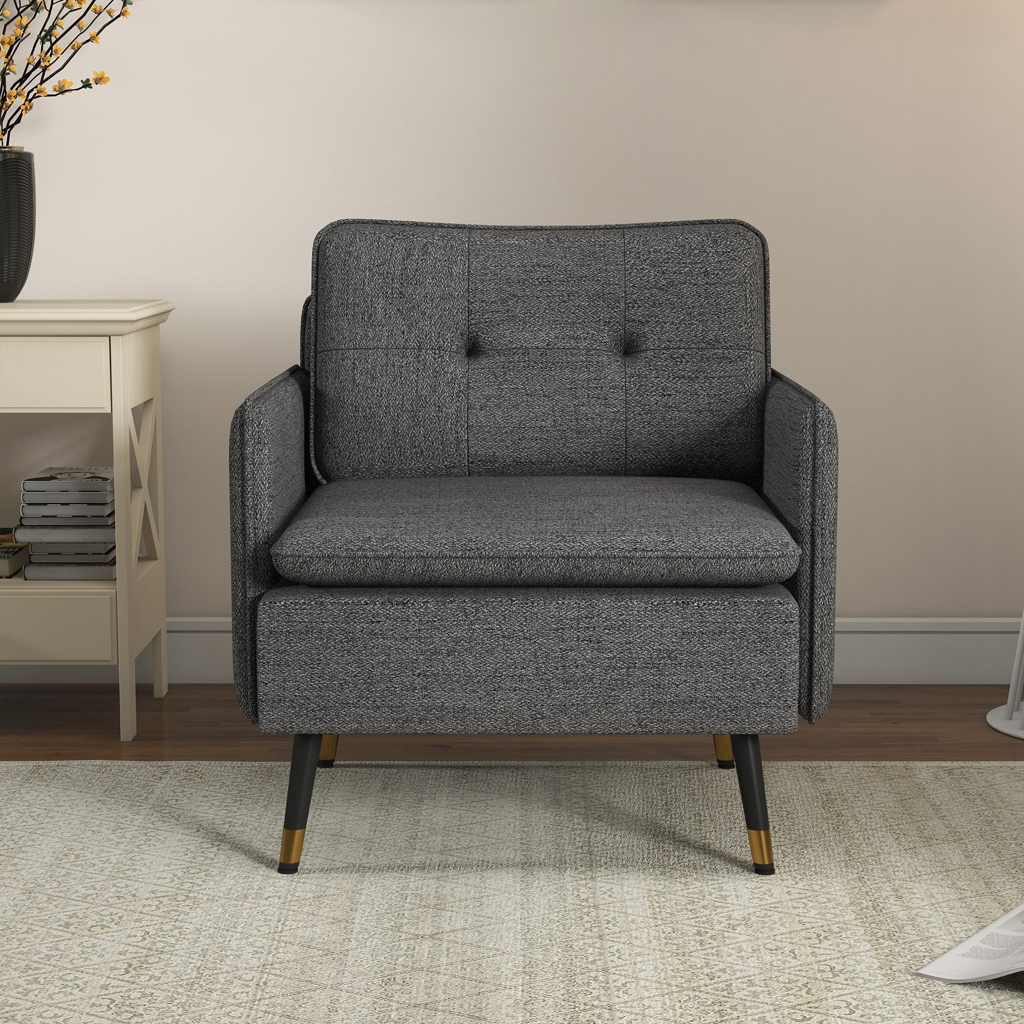Scandinavian armchair with tufted backrest and piping in gray fabric 76 x 68 x 80 cm - black and gold metal legs