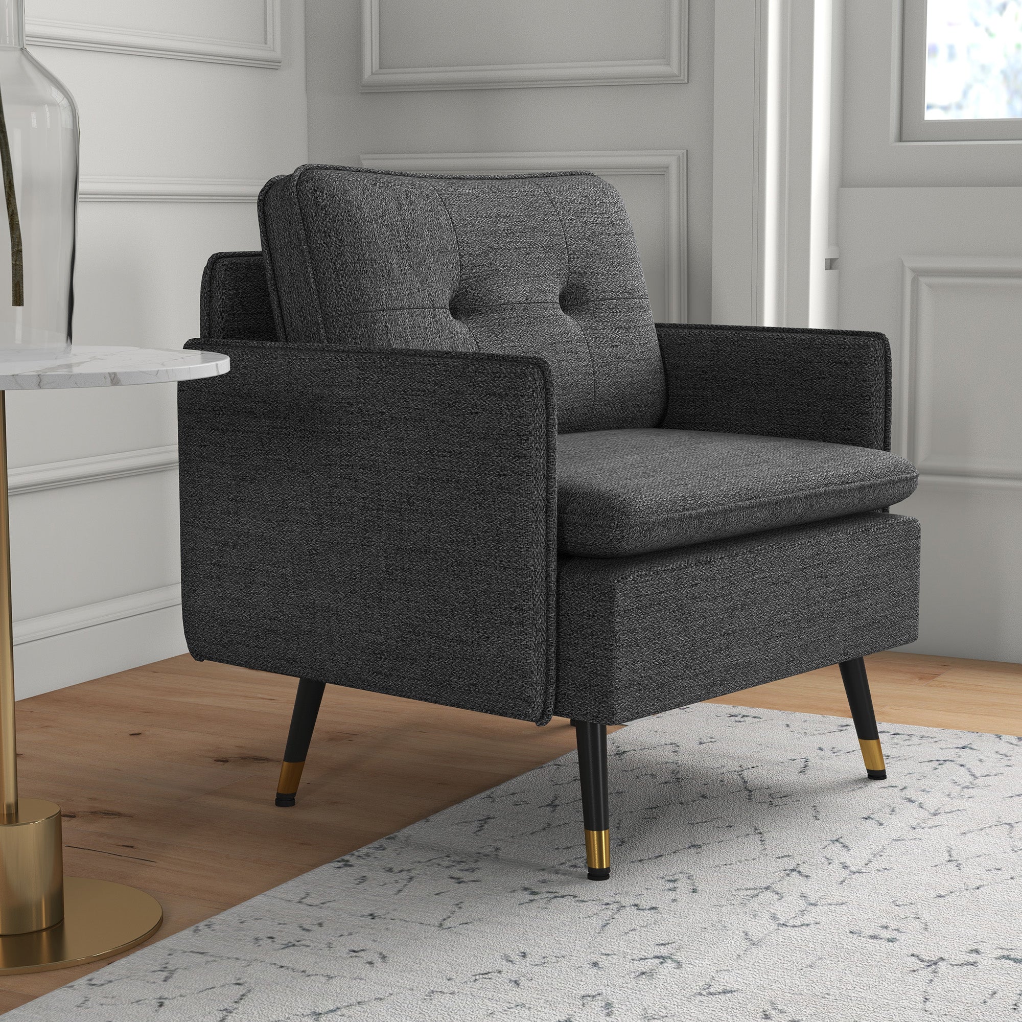 Scandinavian armchair with tufted backrest and piping in gray fabric 76 x 68 x 80 cm - black and gold metal legs