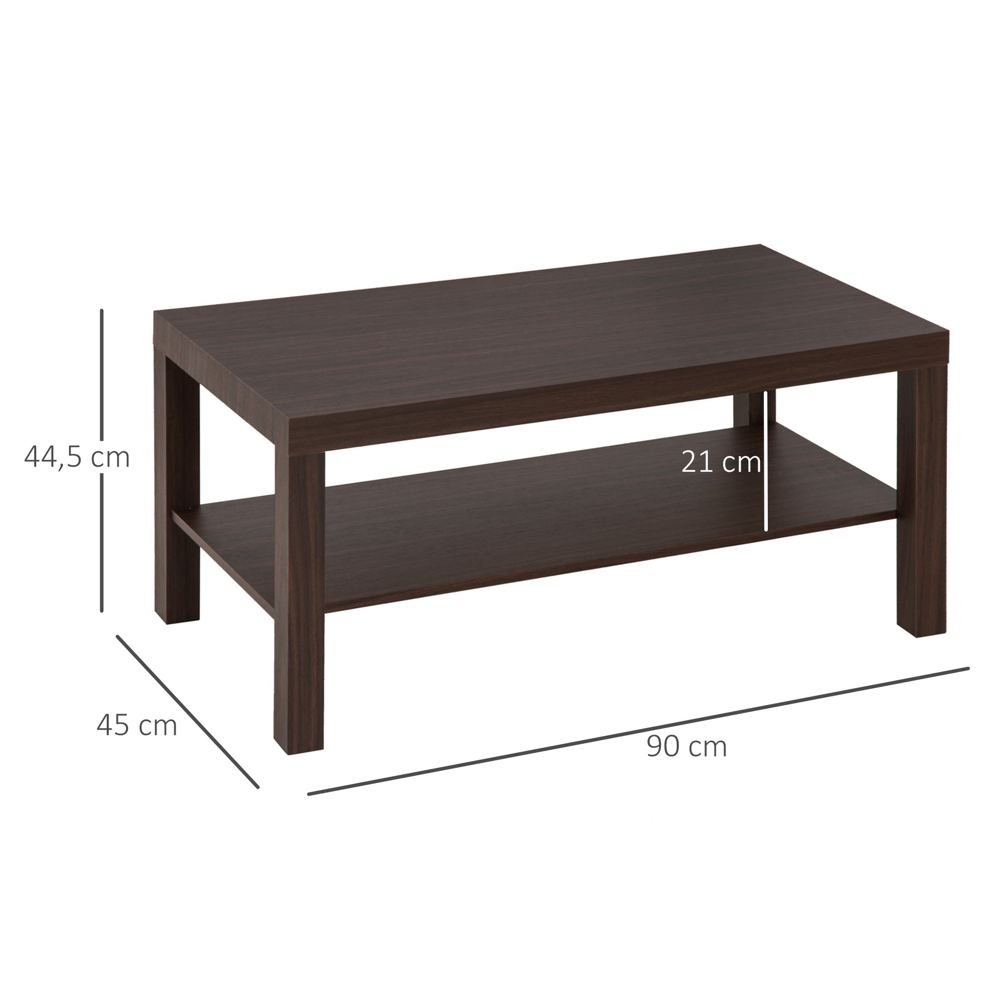 Modern Coffee Table with 2 Storage Shelves Low Tea Table for Living Room Office Load 20 kg 90x45x44.5 cm Walnut