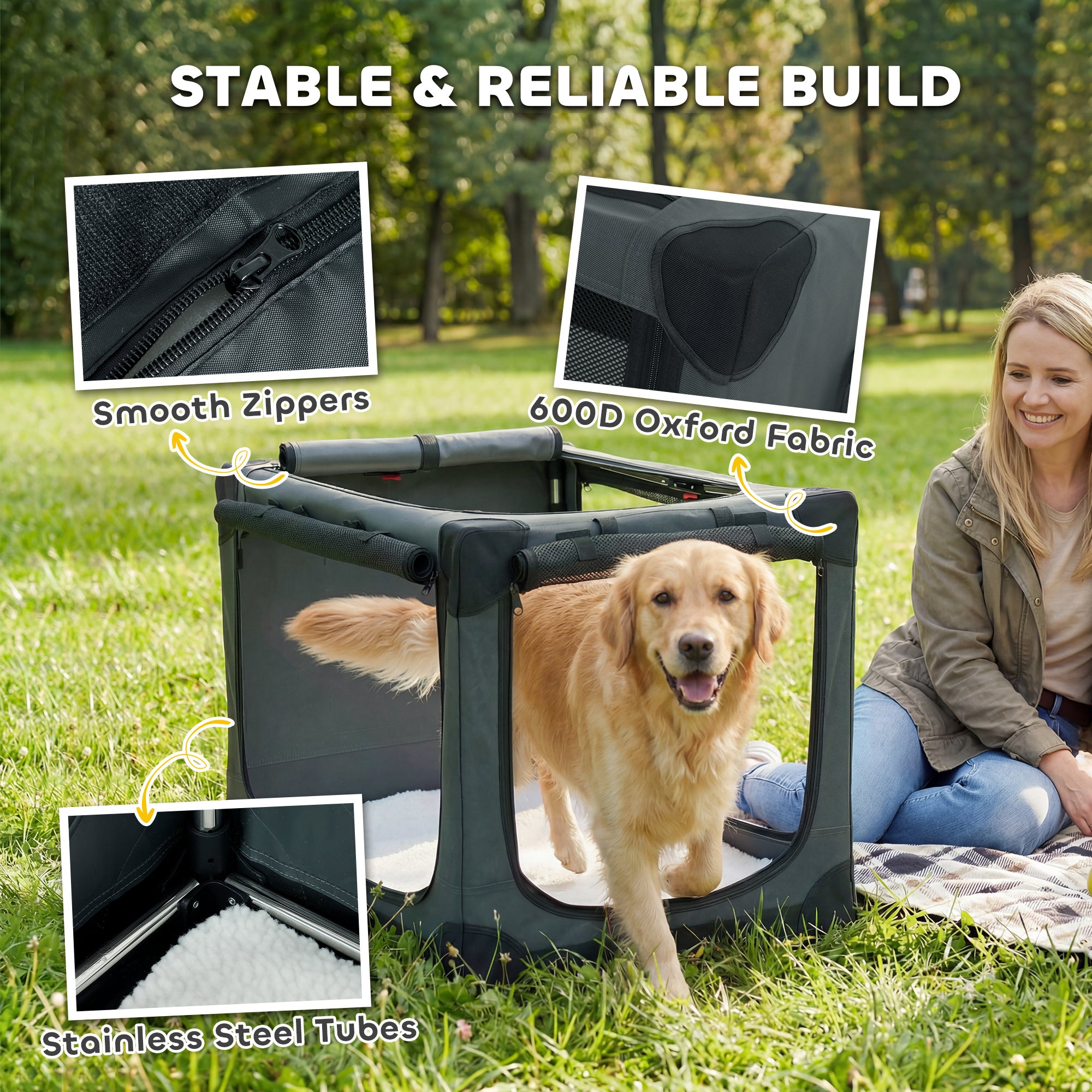 Foldable Soft Pet Crate with Cushion, Removable Washable Cover, Breathable 600D Oxford Fabric Carrier for Cats & Dogs up to 84 lb — Army Green