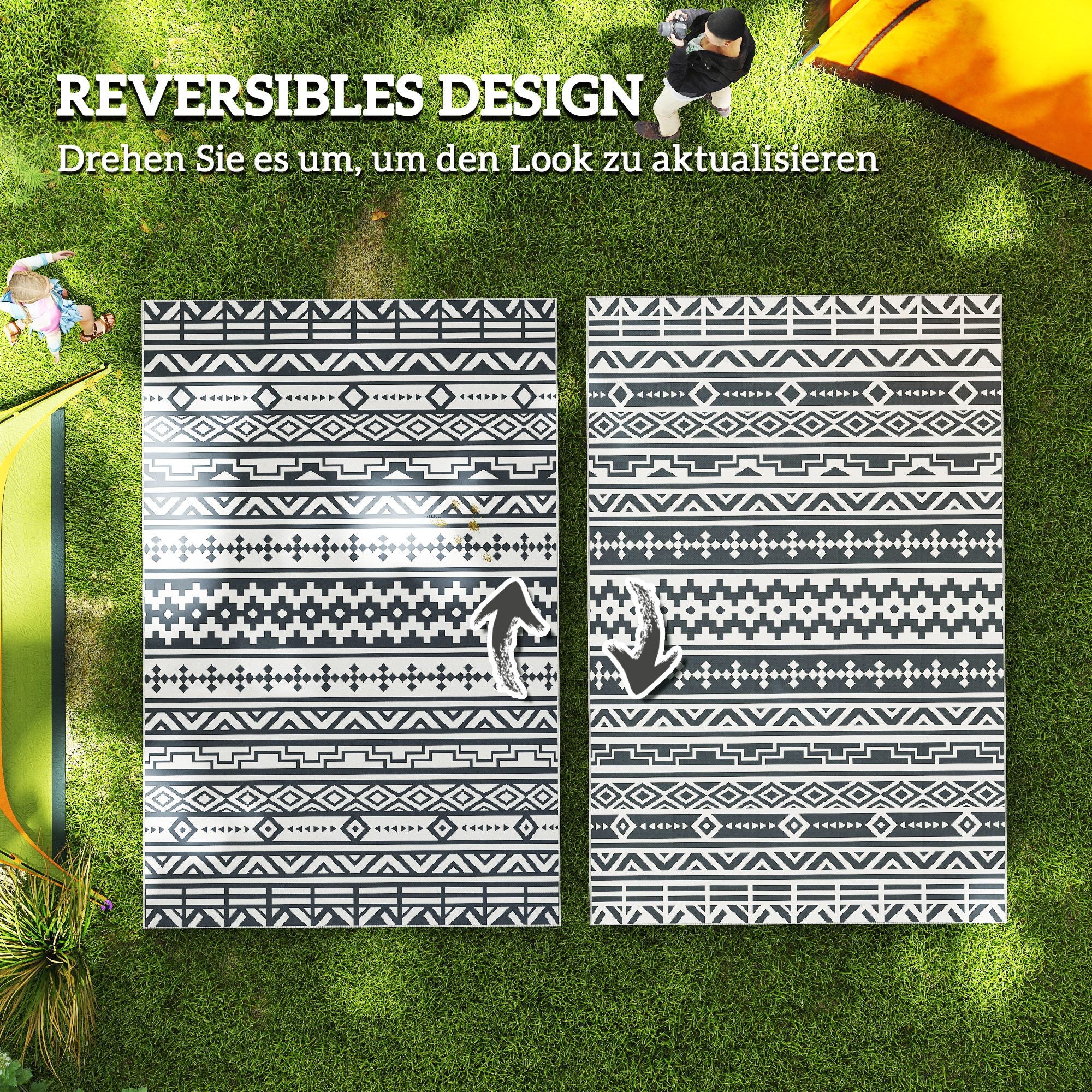 Outdoor Rug Robust Weatherproof Outdoor Carpet, Foldable Carpet with Boho Style, Outdoor Rug for Living Room Balcony Garden Patio Bathroom Hall Kitchen, 182 x 274 cm Dark Gray+White