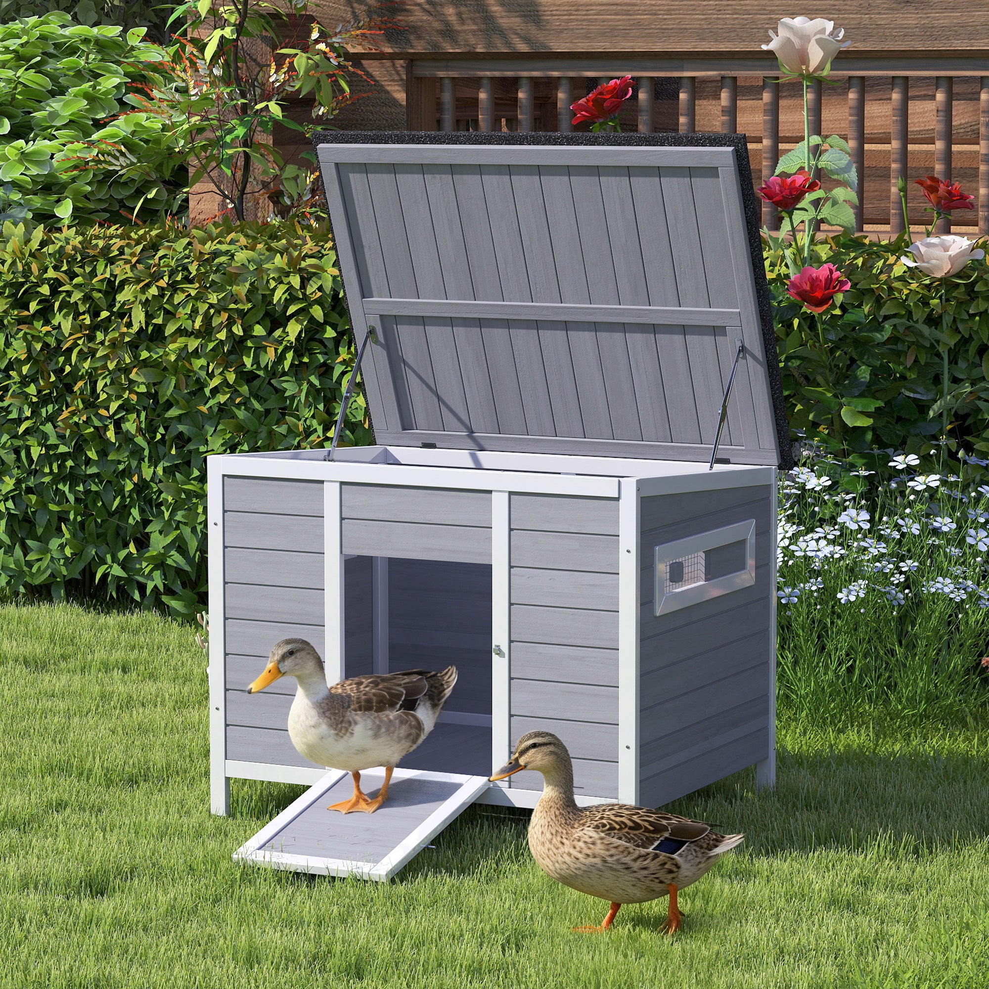 Weatherproof Wooden Duck House with Removable Floor, Sliding Windows & Asphalt Roof — Elevated Coop with Ramp for 2–3 Ducks/Chickens, Gray (93 x 70 x 72 cm / 36.6 x 27.6 x 28.3 in)