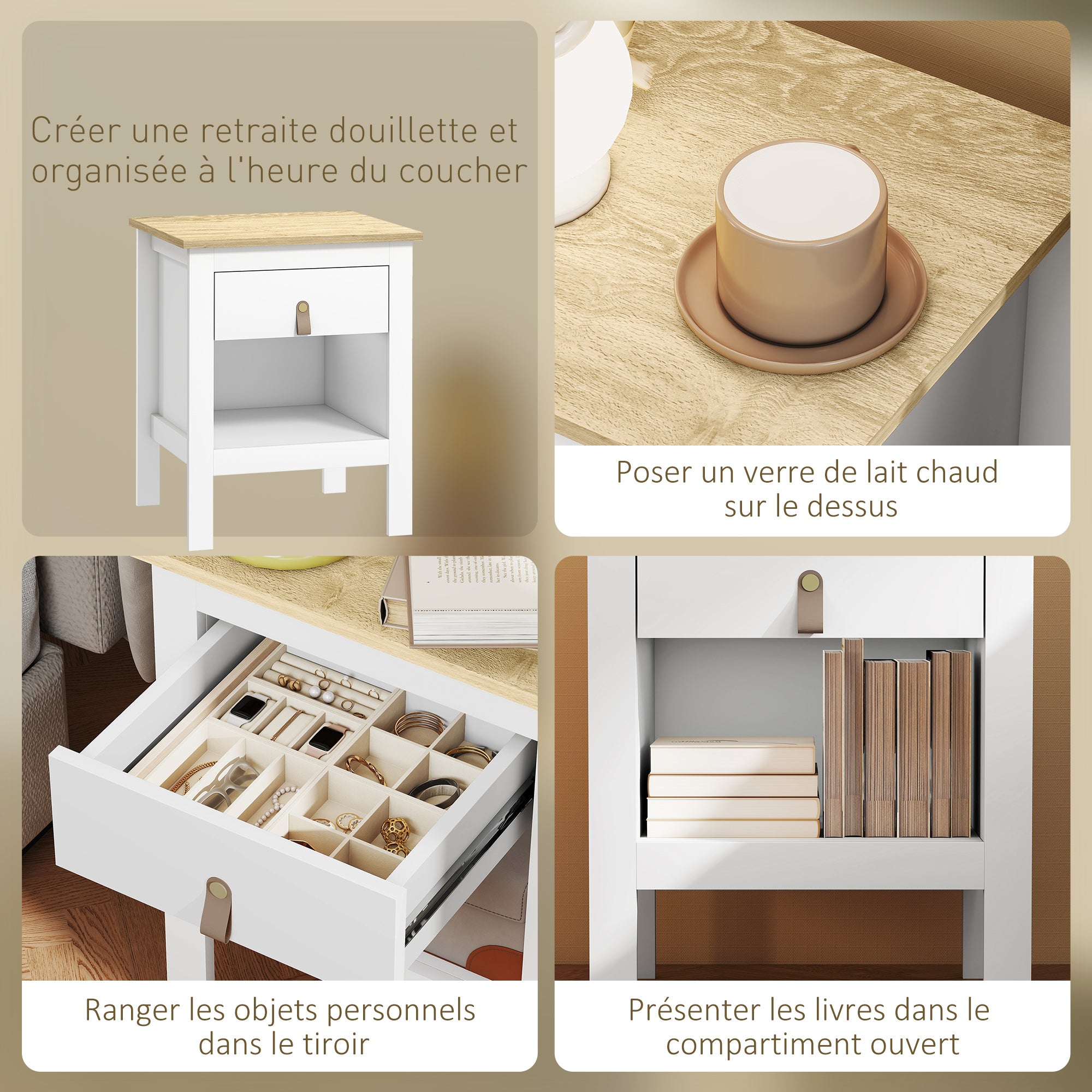 Set of 2 Bedside Tables Nightstand with Drawer and Open Compartment, Modern Style for Bedroom, Living Room, 45 x 40 x 55 cm, White