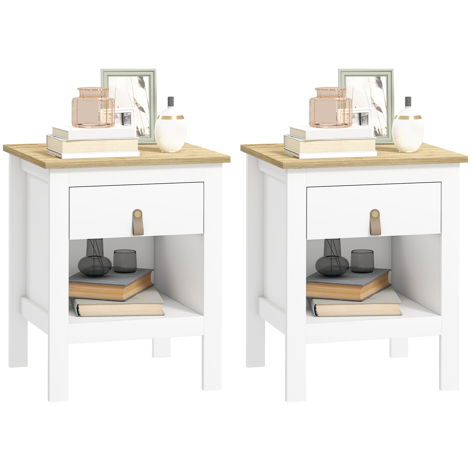 Set of 2 Bedside Tables Nightstand with Drawer and Open Compartment, Modern Style for Bedroom, Living Room, 45 x 40 x 55 cm, White