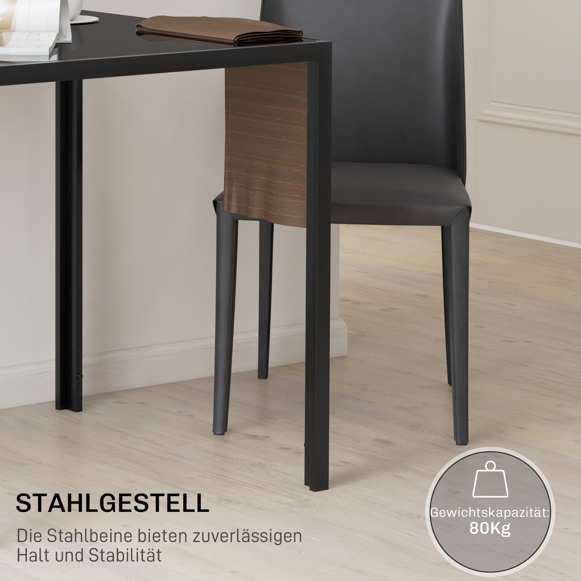 Dining Table 75 x 75 cm, Square Kitchen Table for 4 People, Dining Table with Toughened Glass Top and Metal Legs, Modern Table for Kitchen, Dining Room, and Living Room, Black