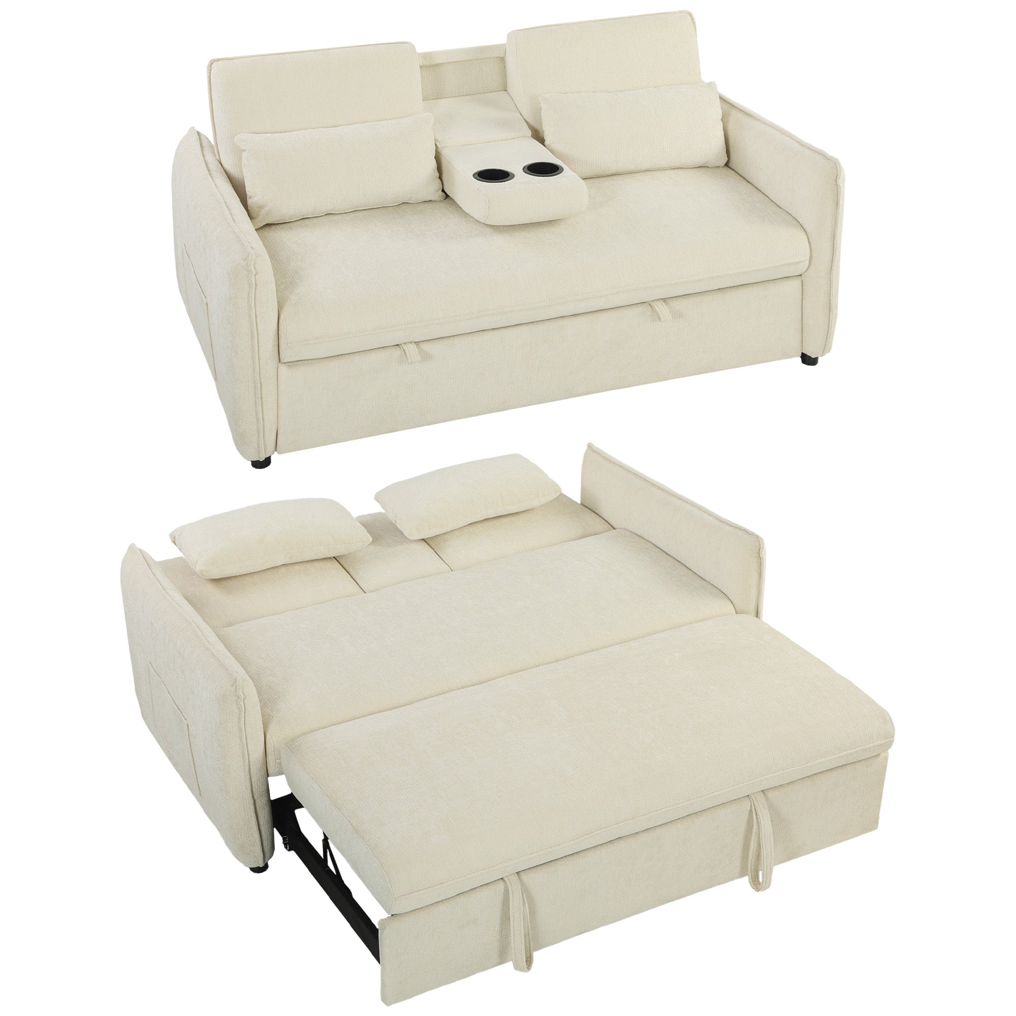 2-Seater 3‑in‑1 Convertible Chenille Sofa Bed with Adjustable Backrest, Cup Holders & Side Pockets — Beige