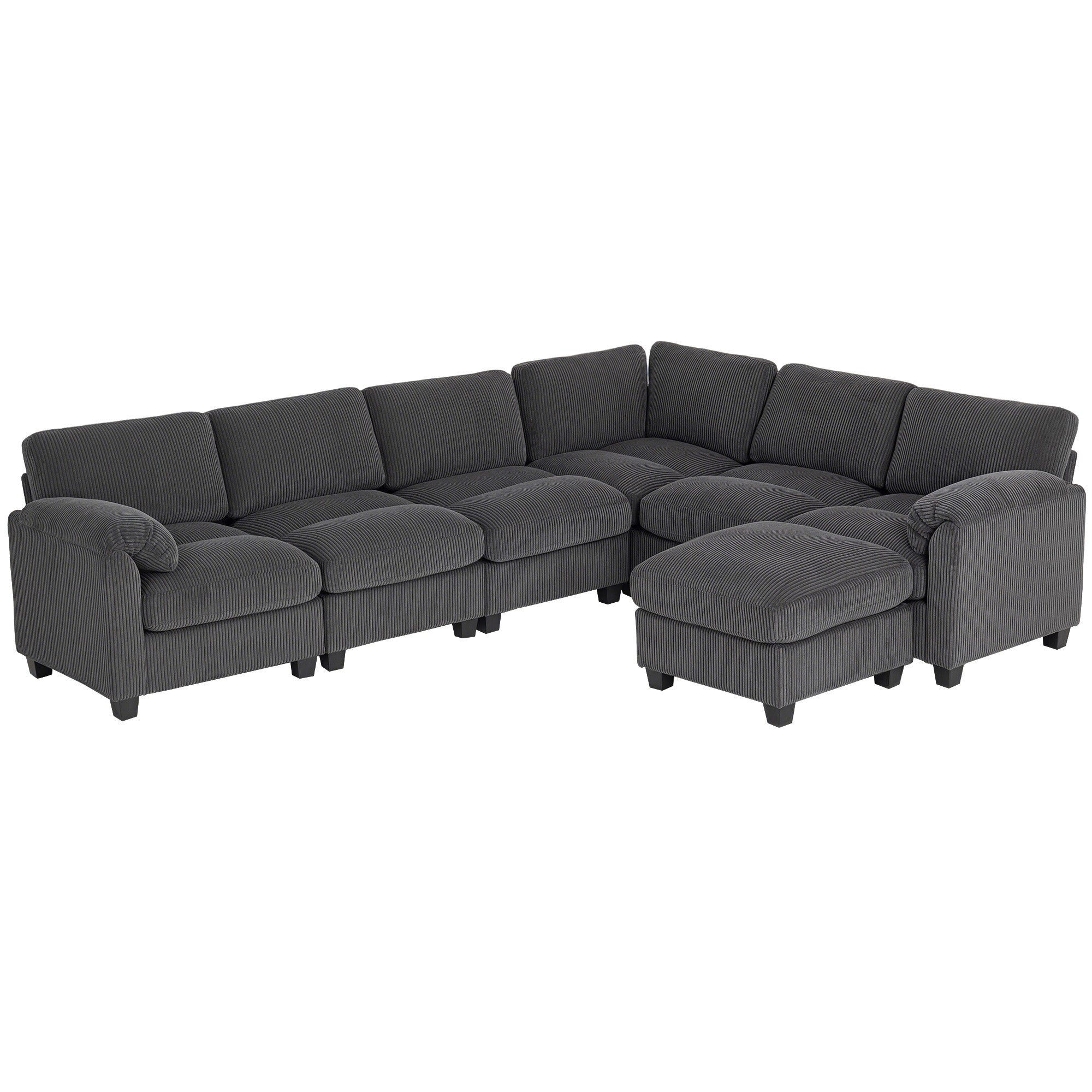 U-Shaped Corner Sofa, 292 x 224 cm (115" x 88") Sectional — Cord Fabric, Pocket-Sprung Cushions, Thick Padded Arms, Removable Ottoman, Sleeper Sofa, Dark Gray