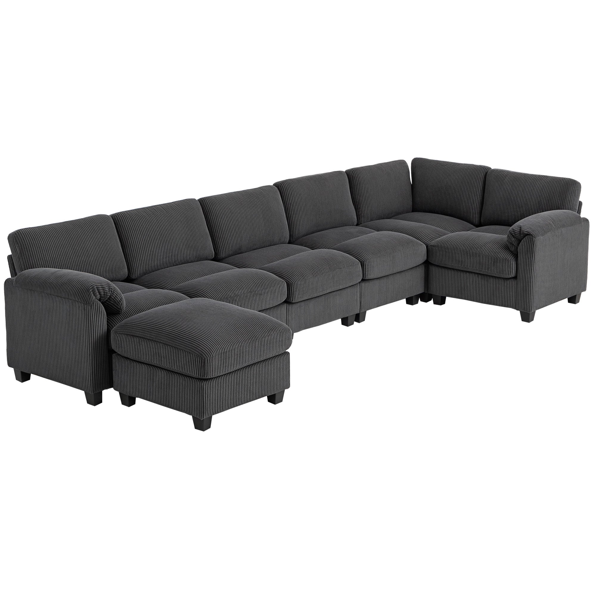 U-Shaped Corner Sofa, 292 x 224 cm (115" x 88") Sectional — Cord Fabric, Pocket-Sprung Cushions, Thick Padded Arms, Removable Ottoman, Sleeper Sofa, Dark Gray
