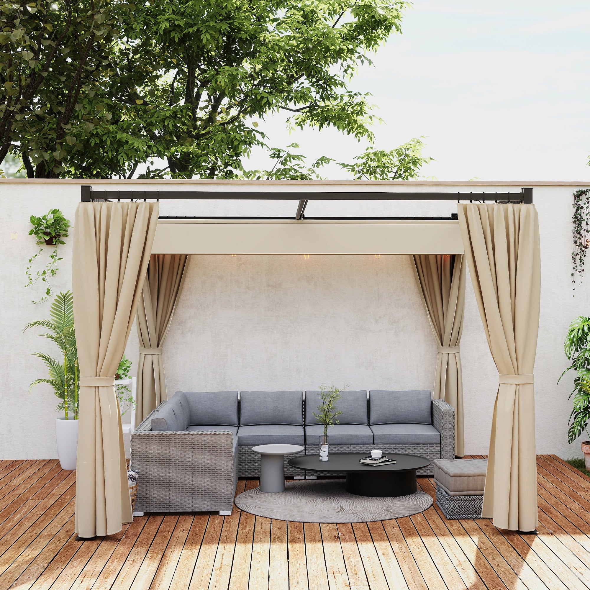 Retractable Roof Pergola Garden Pergola 3x3m Gazebo with Side Walls Water-Resistant Polyester Fabric Pavilion for Garden Patio Terrace Outdoor Beige